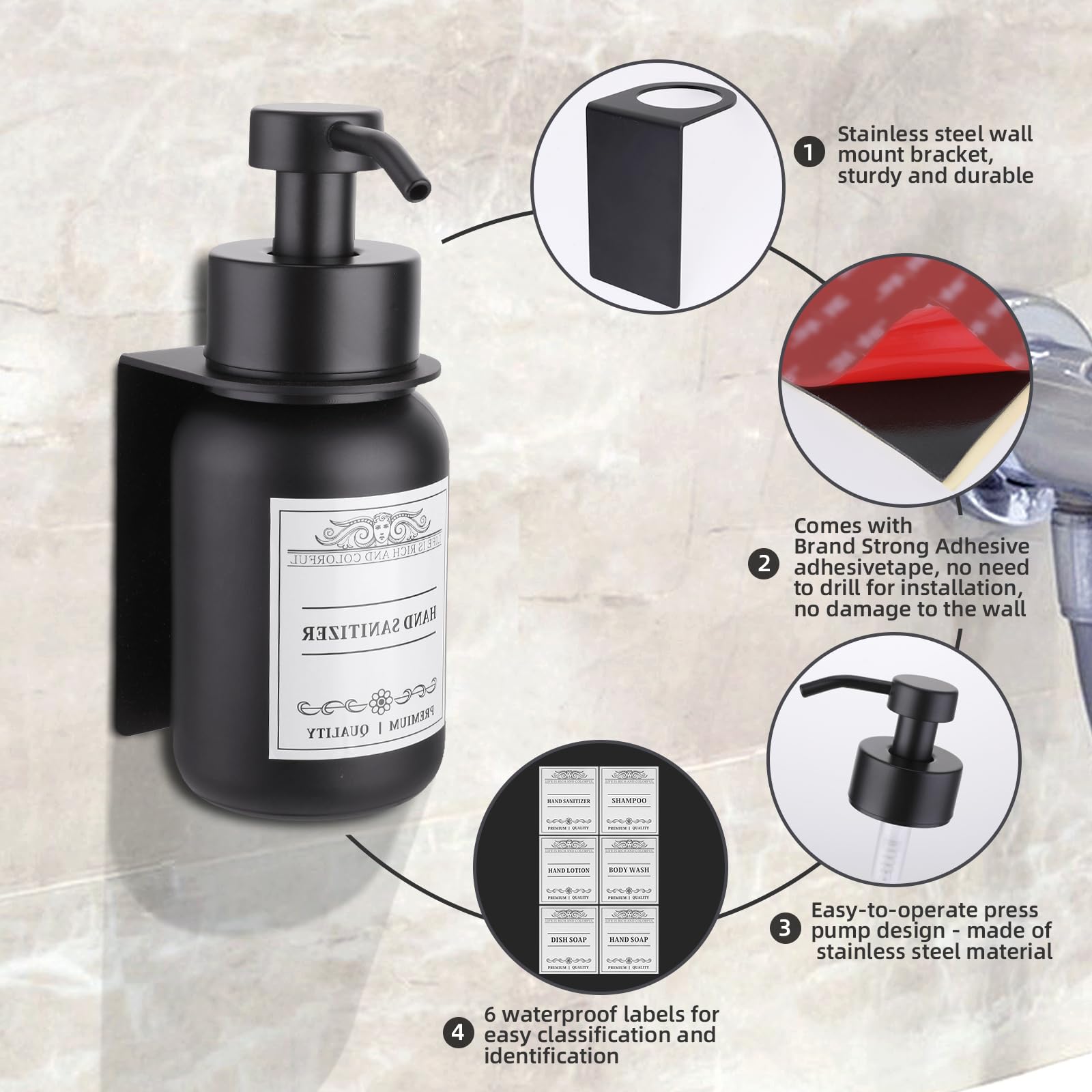 Nobtou 2-Pack Black Shower Soap Dispenser Set With Pumps And Drill-Free Wall Mount, 8.5 Oz Hand Soap Dispensers With Waterproof