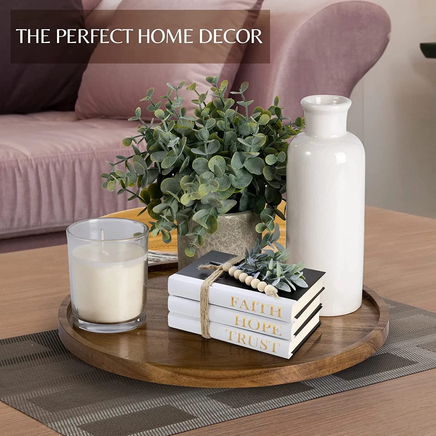 SYSI HOME Decorative Round Wooden Tray for Decor - Beautiful Acacia Wood Tray for Kitchen Dining Room Table - The Perfect Small