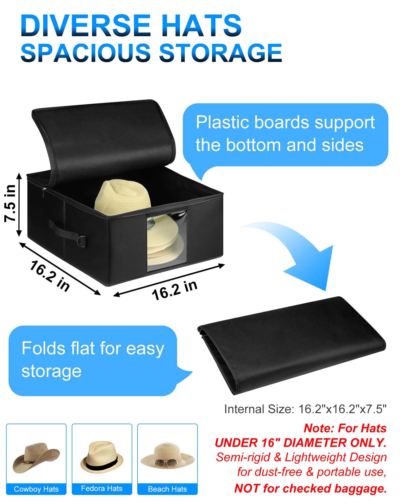 Teraves Large Hat Storage Box For Men & Women Storage, Lightweight Cowboy Hat Travel Case, Stackable & Collapsible, Space Saver