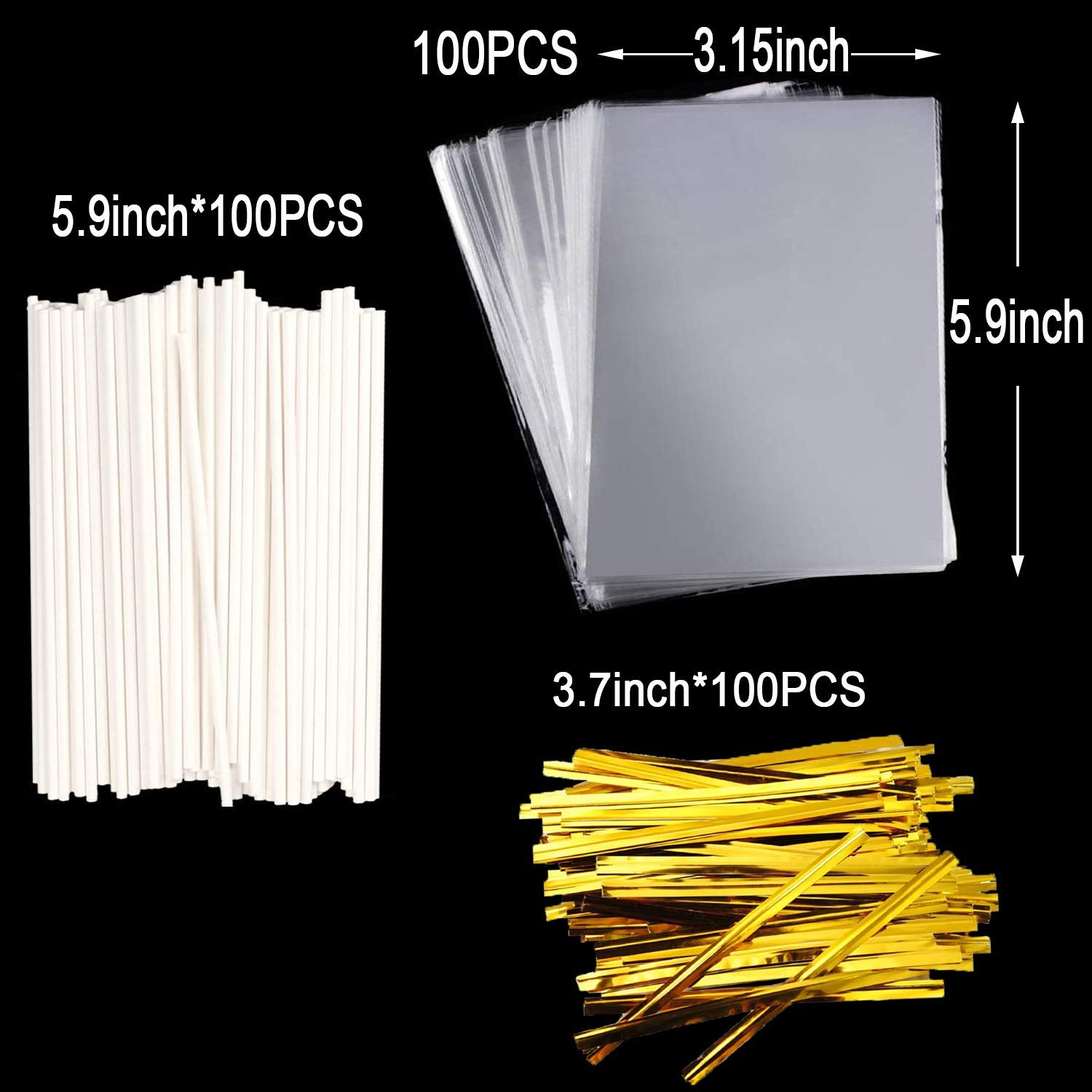 300Pcs Lollipop Cake Pop Treat Bag Set Including 100Pcs Parcel Bags, 100Pcs Papery Treat Sticks, 100Pcs Gold Metallic Twist Ties