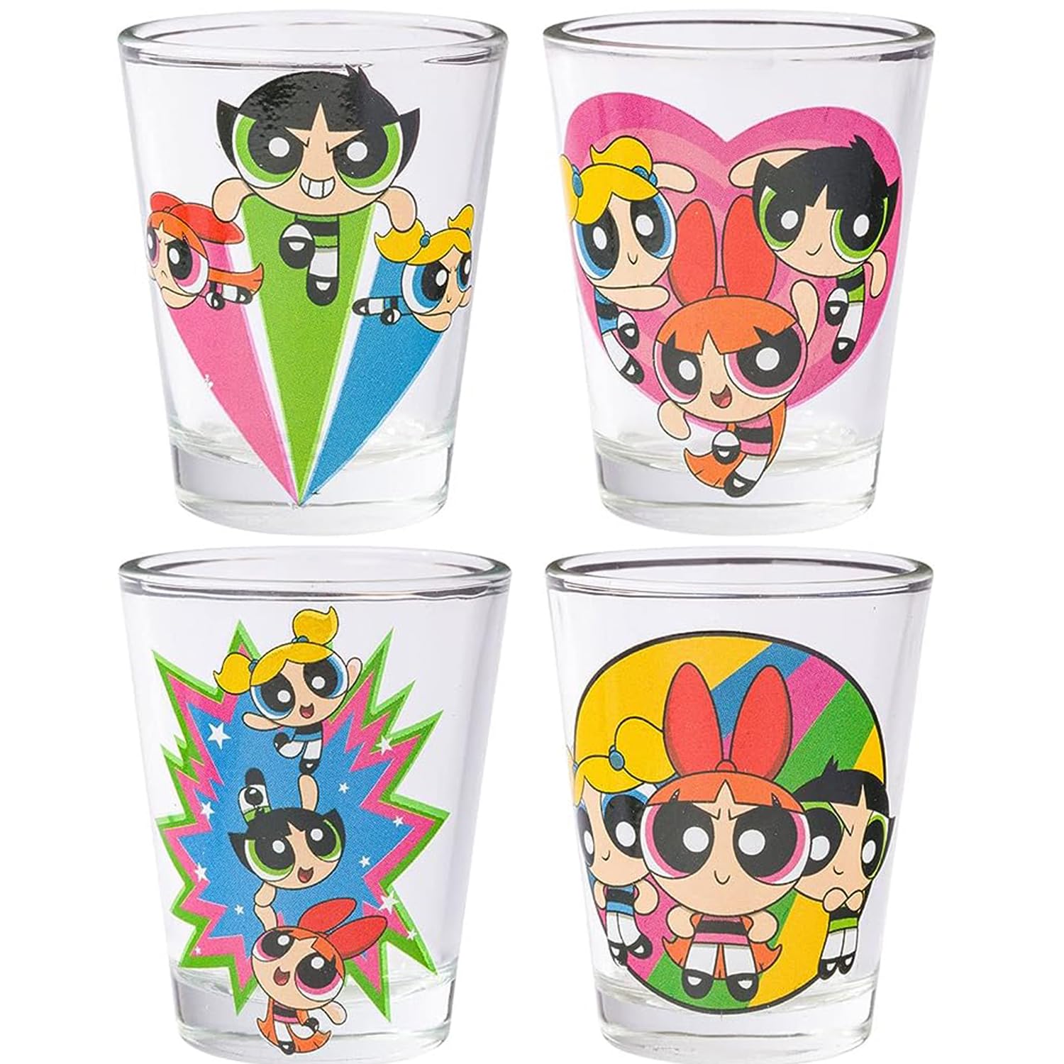 Silver Buffalo The Powerpuff Girls Featuring Blossom, Bubbles, And Buttercup 4 Pack Mini Glass Set, 1.5 Ounces
