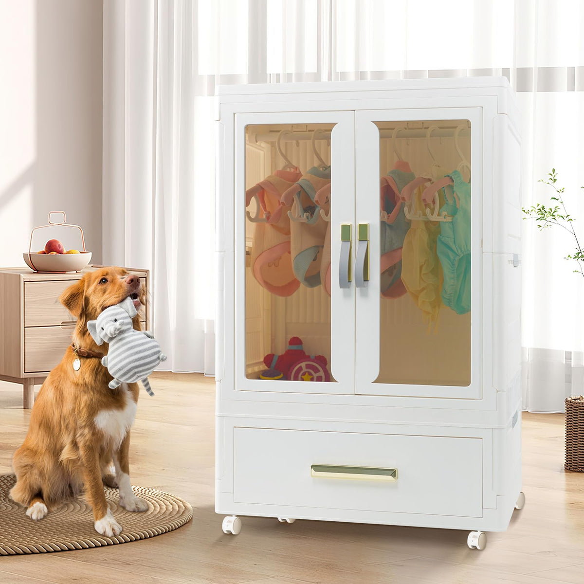 Qudrakast Pet Wardrobe Closet, Dog Closet - Stackable Storage Bins With Doors, Wheels, And Hanging Rods - Stackable Drawers Clos