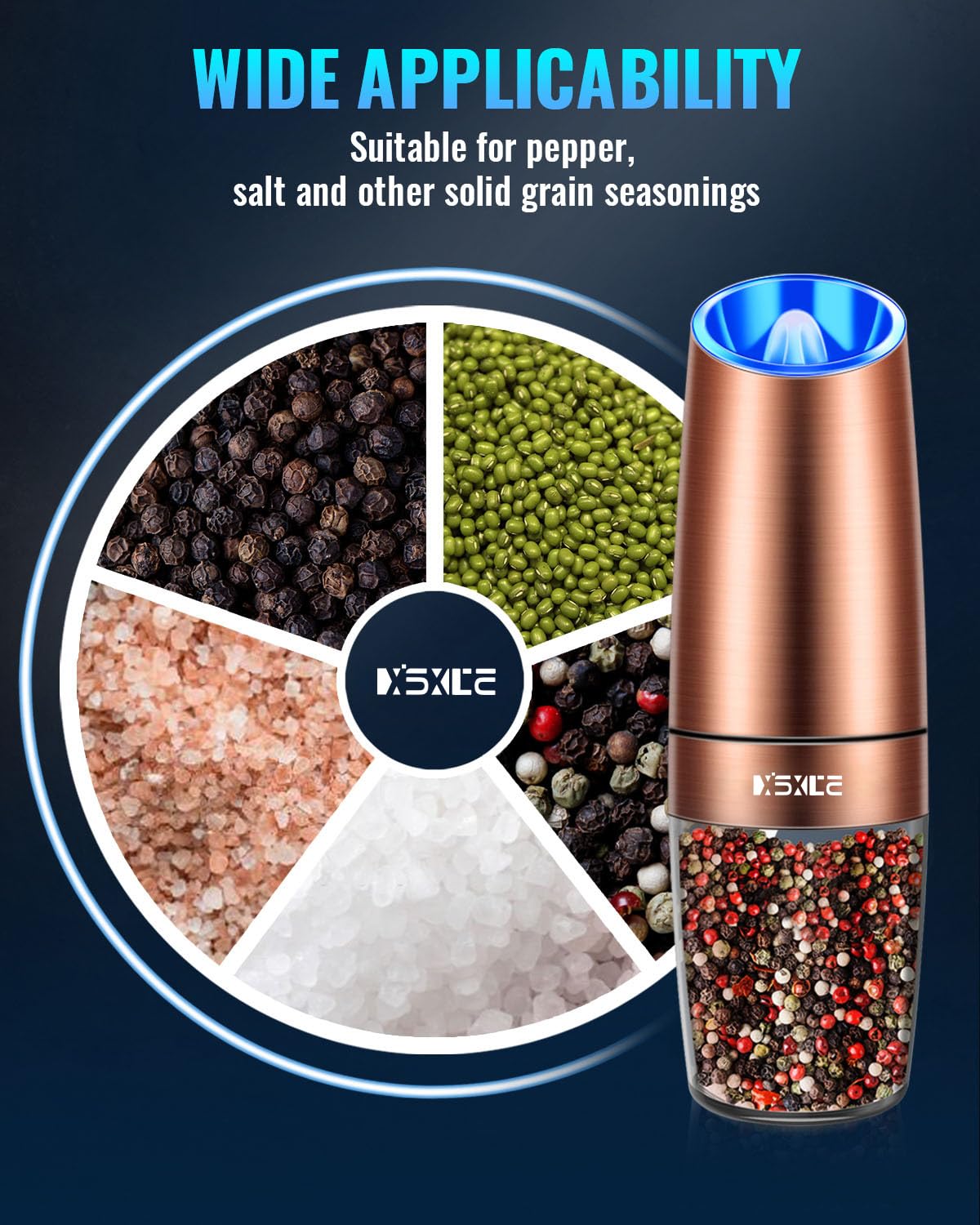 XinXu Gravity Electric Pepper/Salt Grinder, Salt or Pepper Mill, Adjustable Coarseness, Battery Powered with LED Light, One Hand