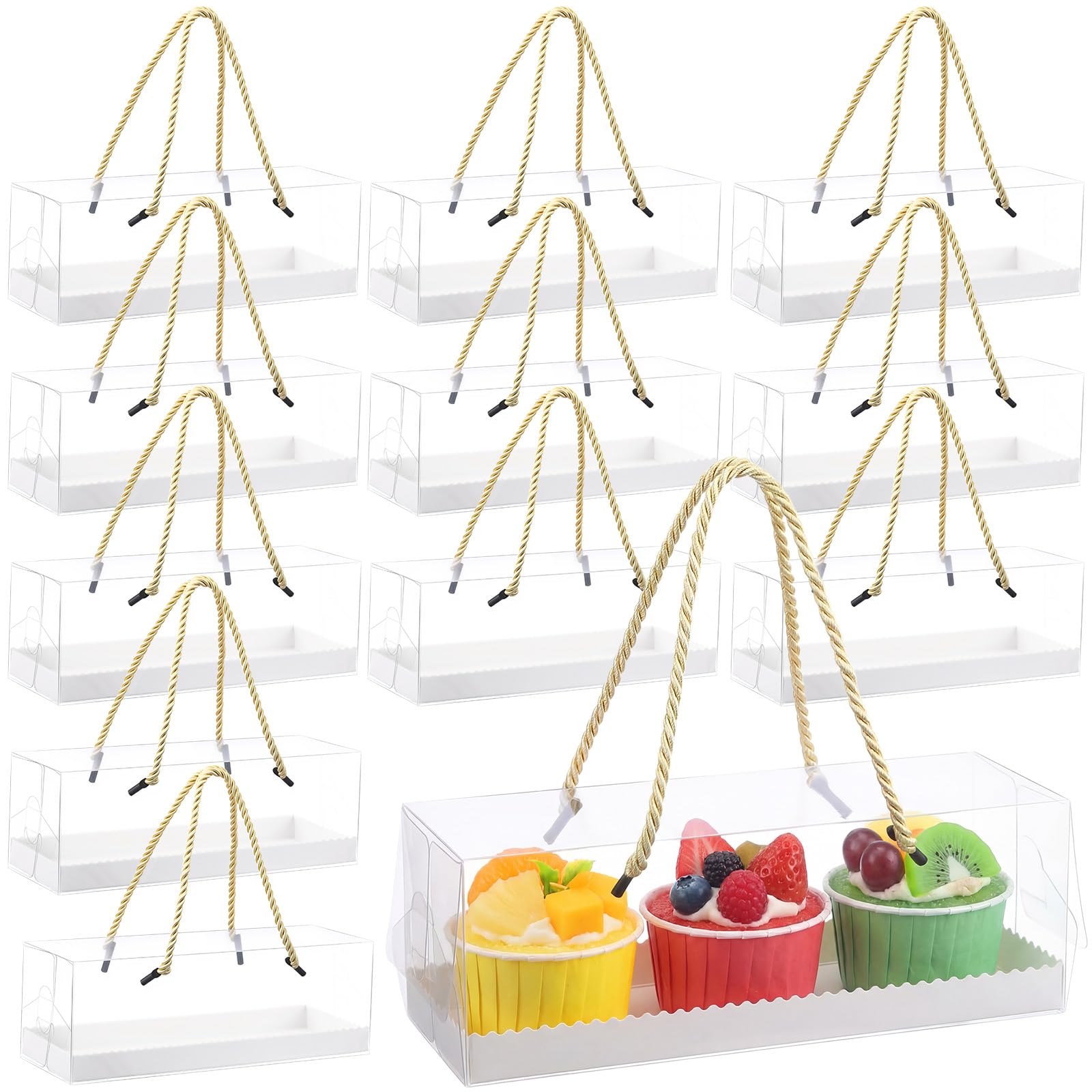 Eaasty 80 Pcs 9 x 3 x 3 Inch Clear Cupcake Boxes with Handles Portable Gable Boxes Paperboard Plastic Rectangular Cupcake Contai