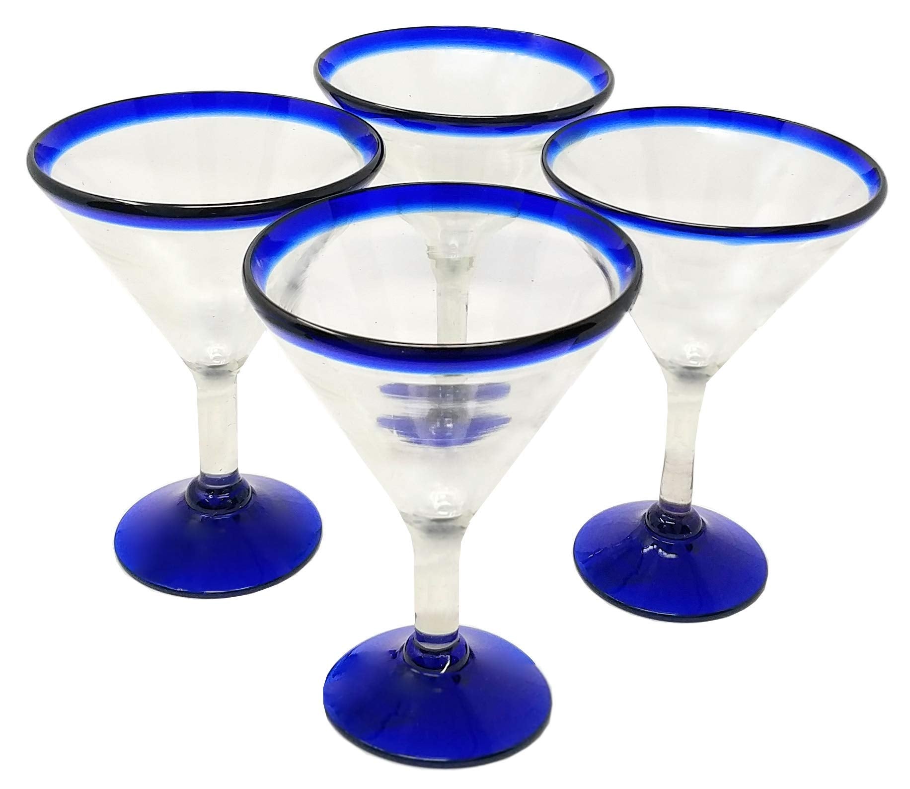 Mexican Hand Blown Glass - Set Of 4 Hand Blown Modern Margarita Glasses - Blue Rim (12 Oz)