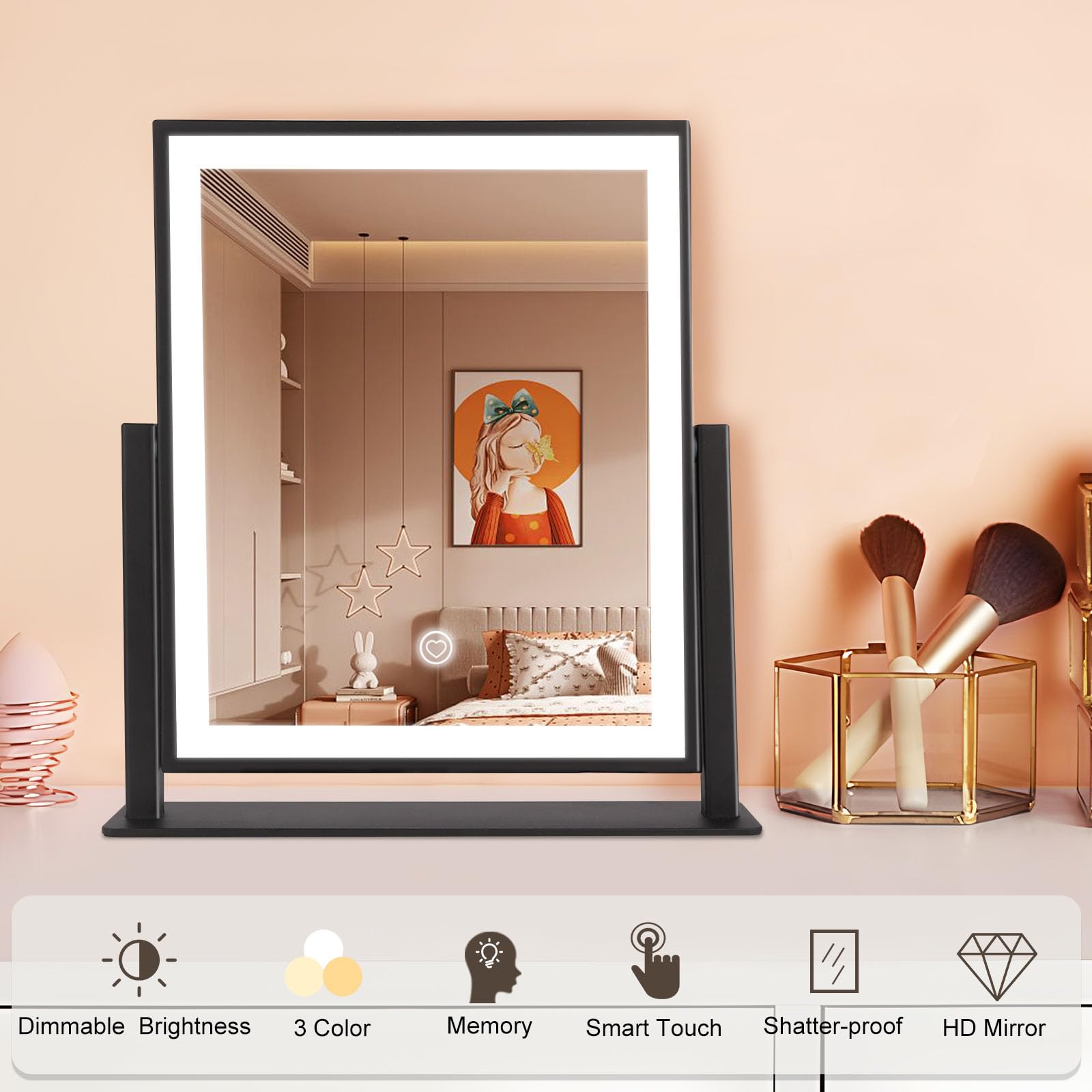 Makeup Mirror With Lights, Fashion Lighted Vanity Mirror With Dimmable Light, Smart Control, Adjustable Warm White/Natural/Dayli