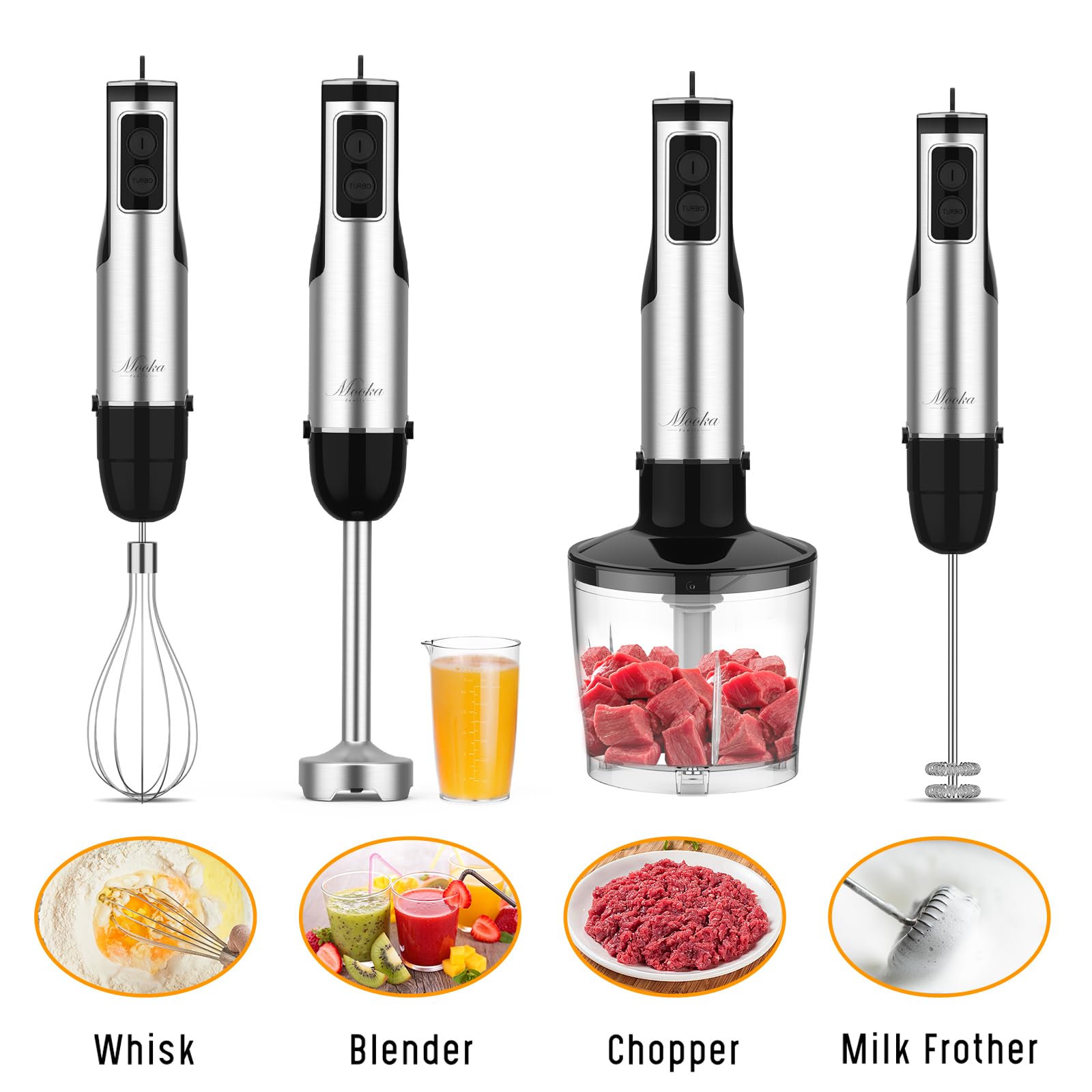 MOOKA 5-in-1 Immersion Blender, 1100W Handheld Stick Blender, 12-Speed, Stainless Steel, Black, Model BM-HB102