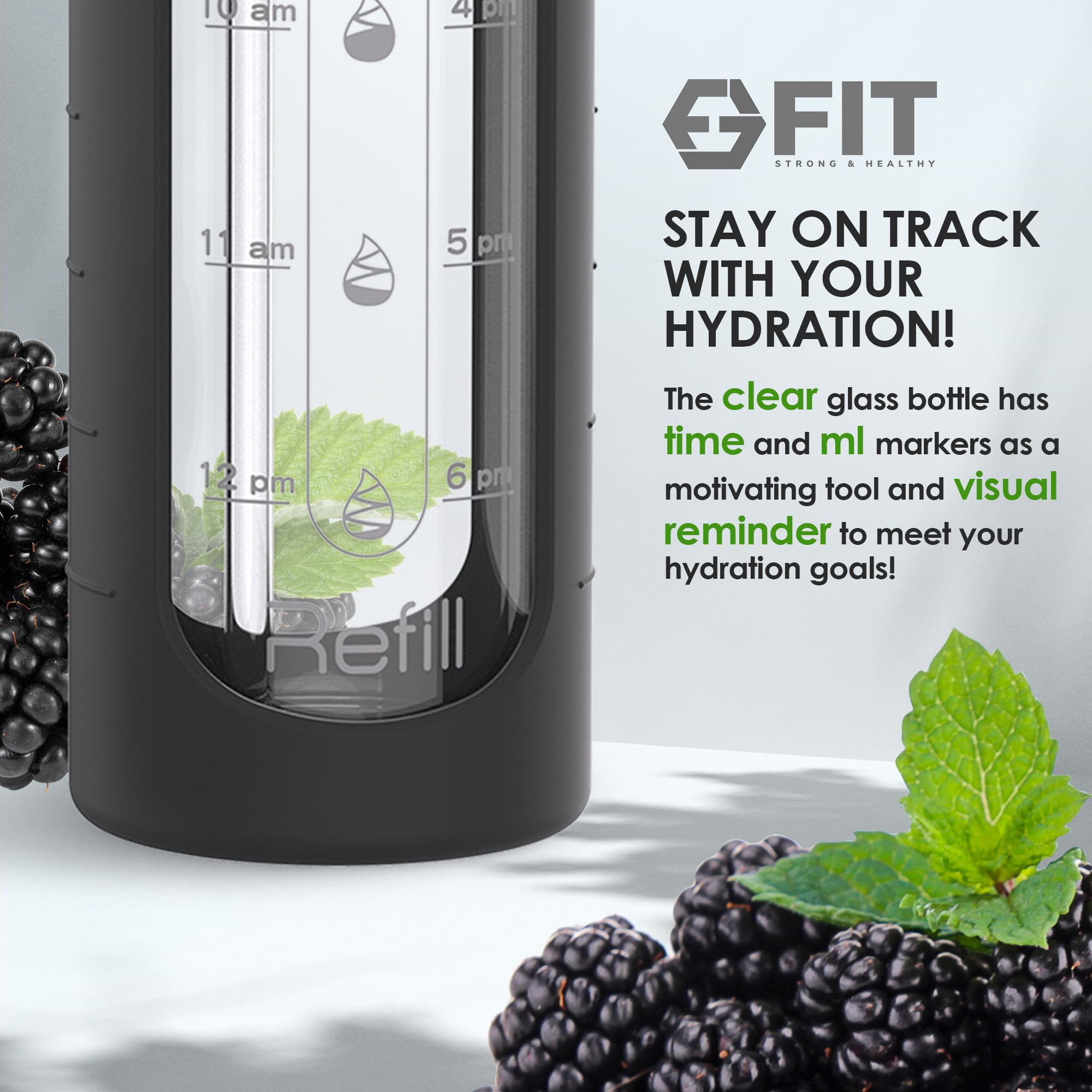 32 Oz Glass Water Bottle With Straw Lid, Time Marker, Sleeve, Extra Lid & Water Bottle Holder With Strap - Motivational, Wide Mo