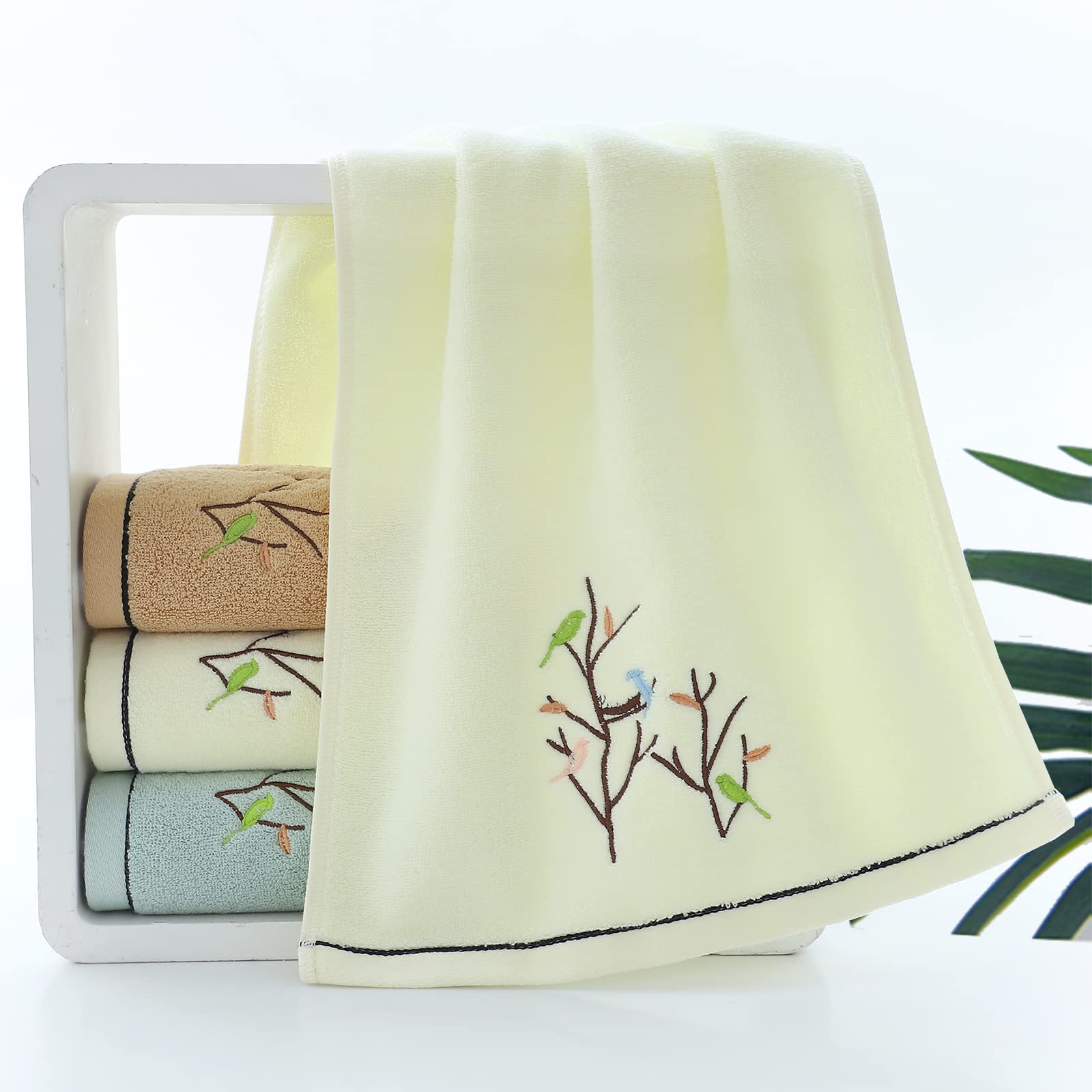 Pidada Hand Towels Set of 2 Embroidered Bird Tree Pattern 100% Cotton Absorbent Soft Decorative Towel for Bathroom 13.8 x 29.5 Inch (Light Yellow)