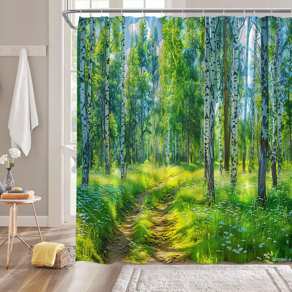 Dsmeue Green Forest Shower Curtain Nature Birch Tree Floral Plant Scenery Landscape Rustic Bathroom Decor Curtain With Hooks,70'
