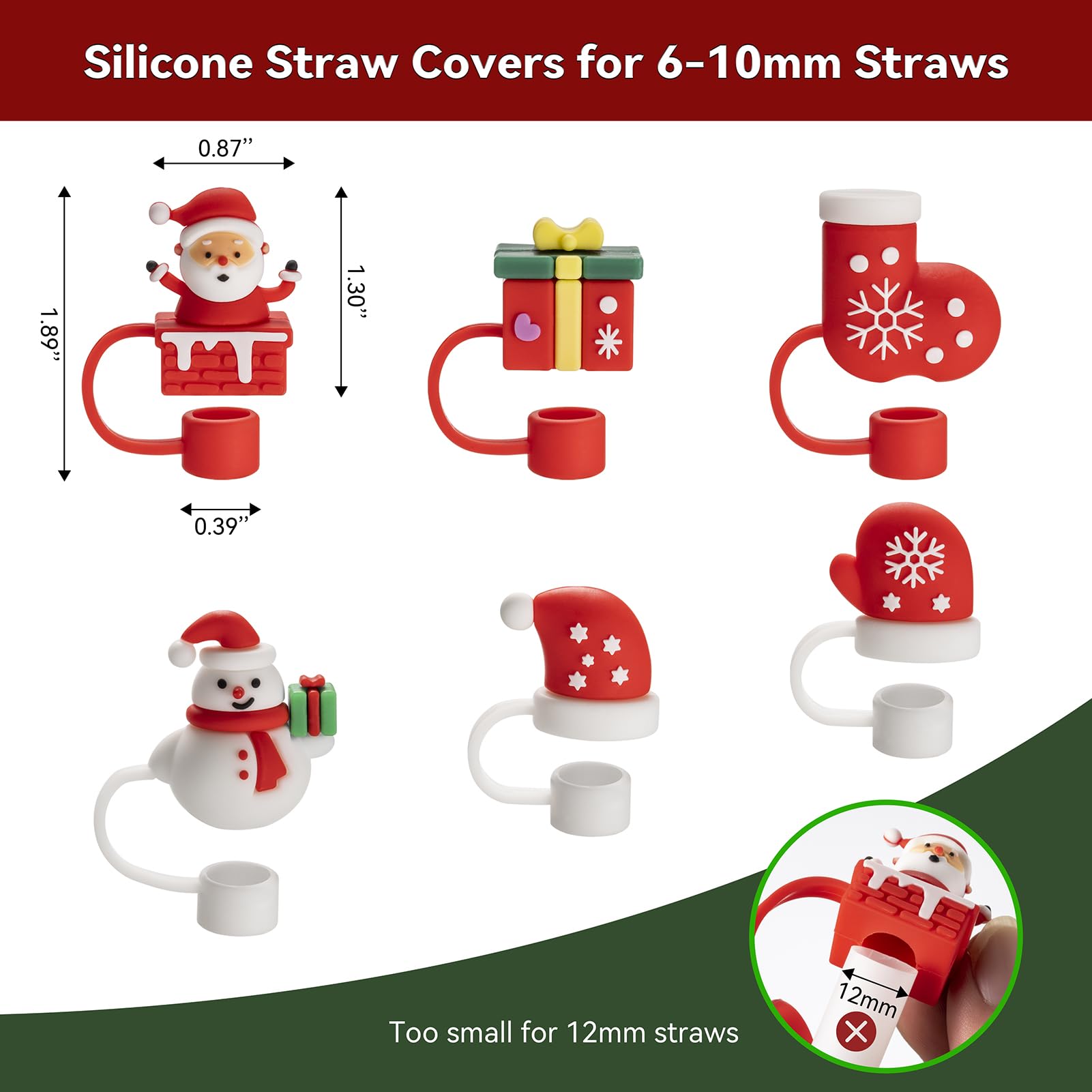 Straw Cover Cap for Stanley Cup 30 40 oz, Silicone Straw Toppers Christmas Hat, Tumbler Cup Accessories for 10mm 0.4in Straws Cu