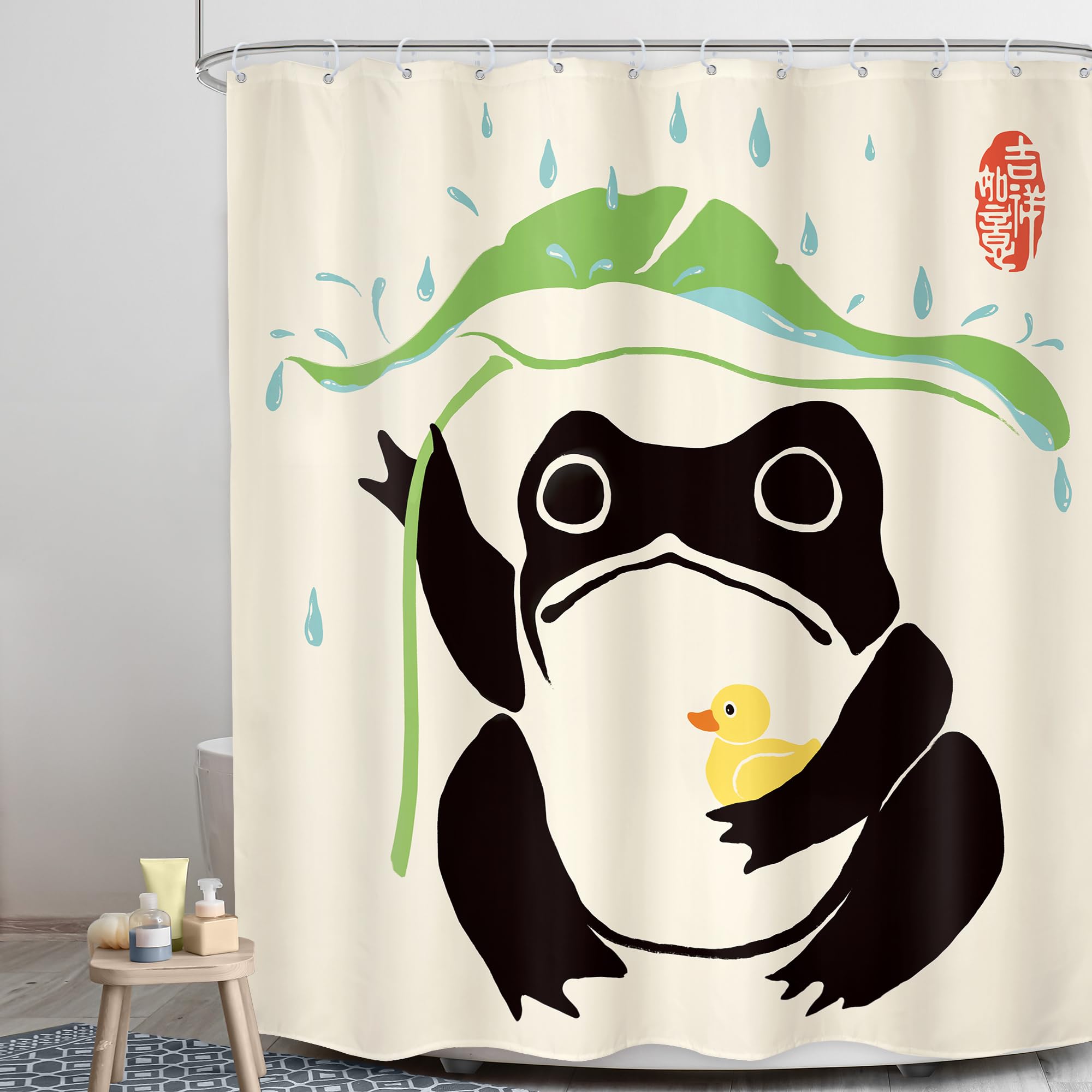 Lghtyro Funny Frog Shower Curtain Bathroom Set 60Wx71H Inches Asian Duck Traditional Art Japanese Cute Animal Taking Lotus Leaf