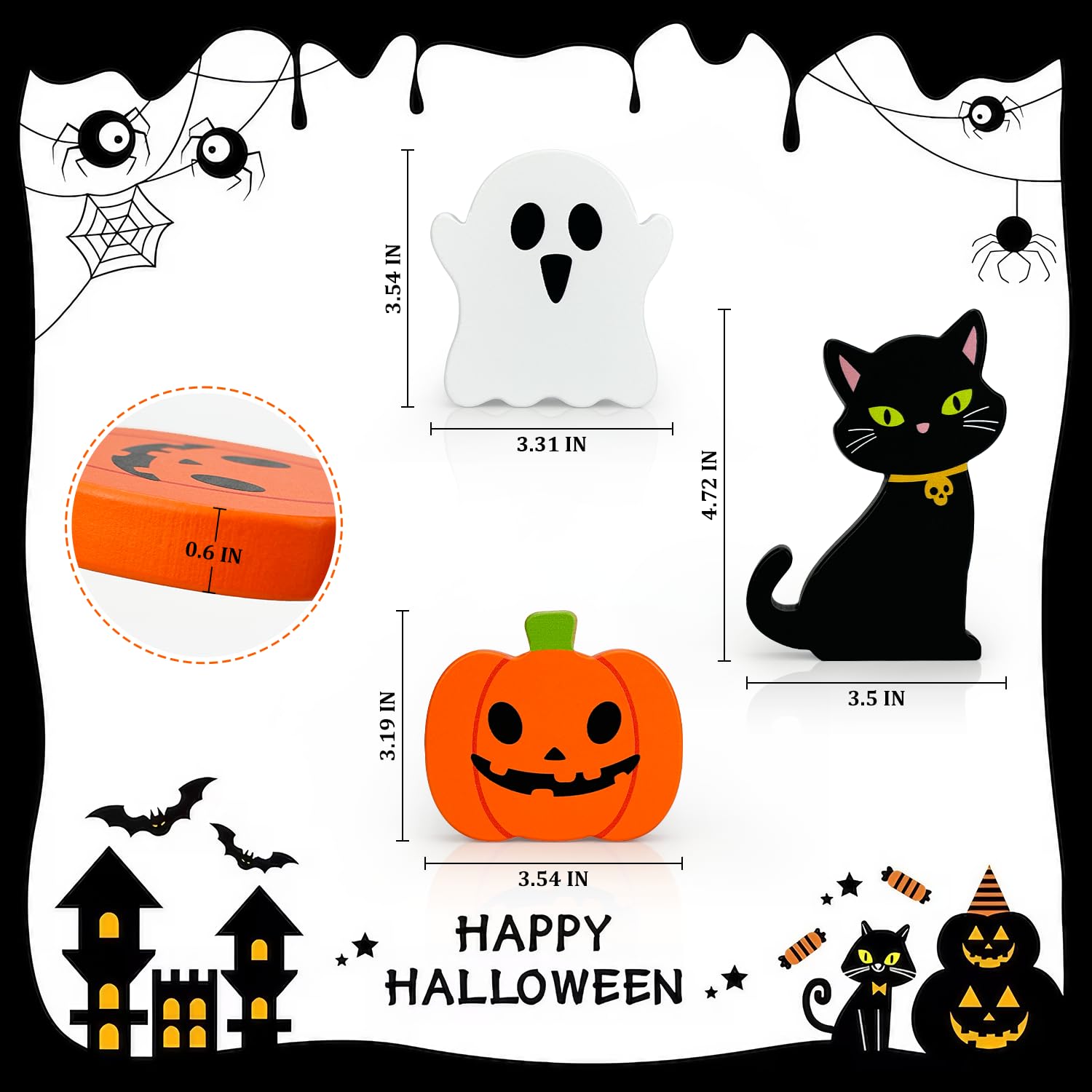 Halloween Decorations for Indoor Home 3 Pcs, Cute Wooden Pumpkin Ghost Black Cat Decor for Tabletop Tiered Tray, Halloween Cente