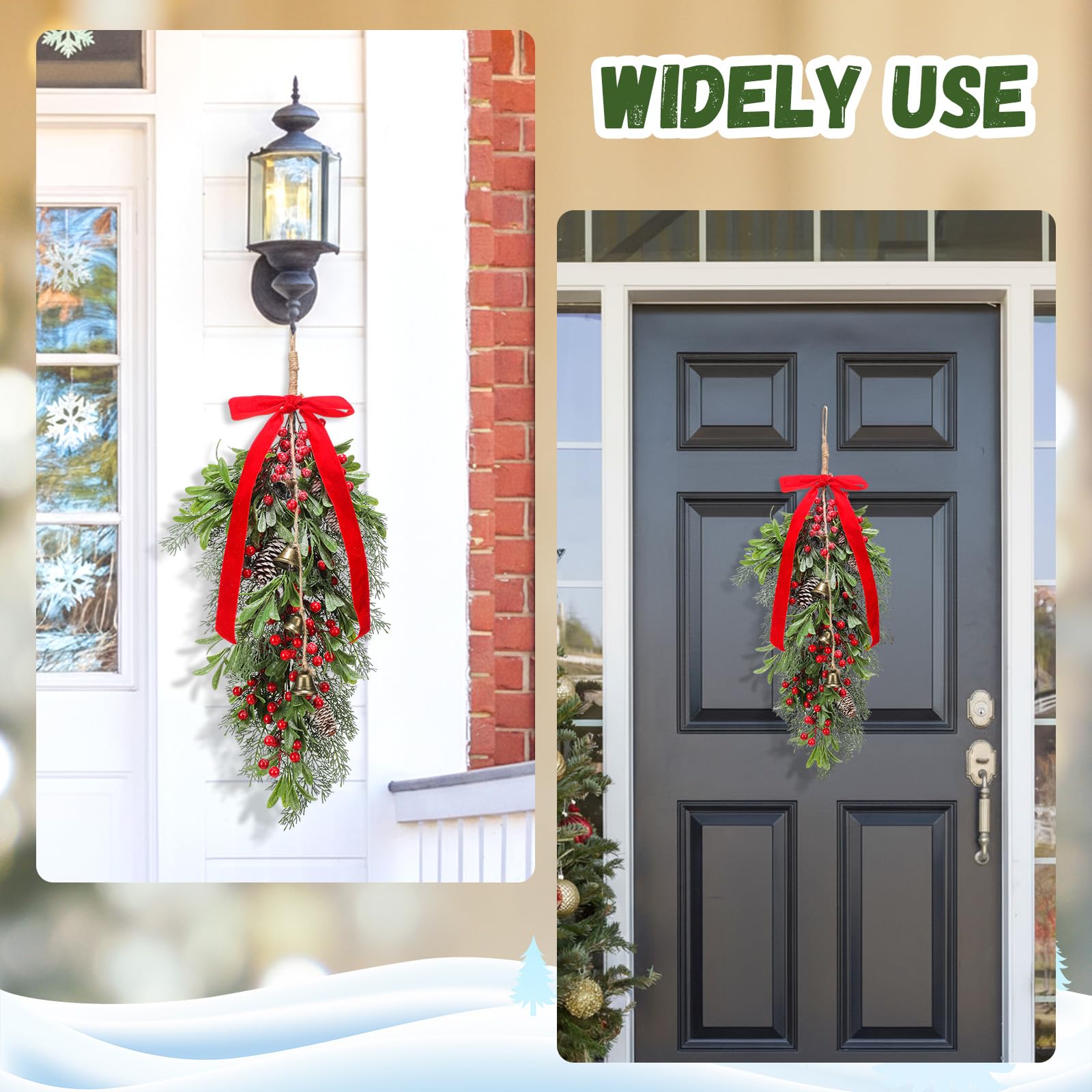 Daifunli 1pcs Christmas Teardrop Swag 30'' Mistletoe Artificial Christmas Decorative Swag Pine Cedar Holly Berry Hanging Wreath