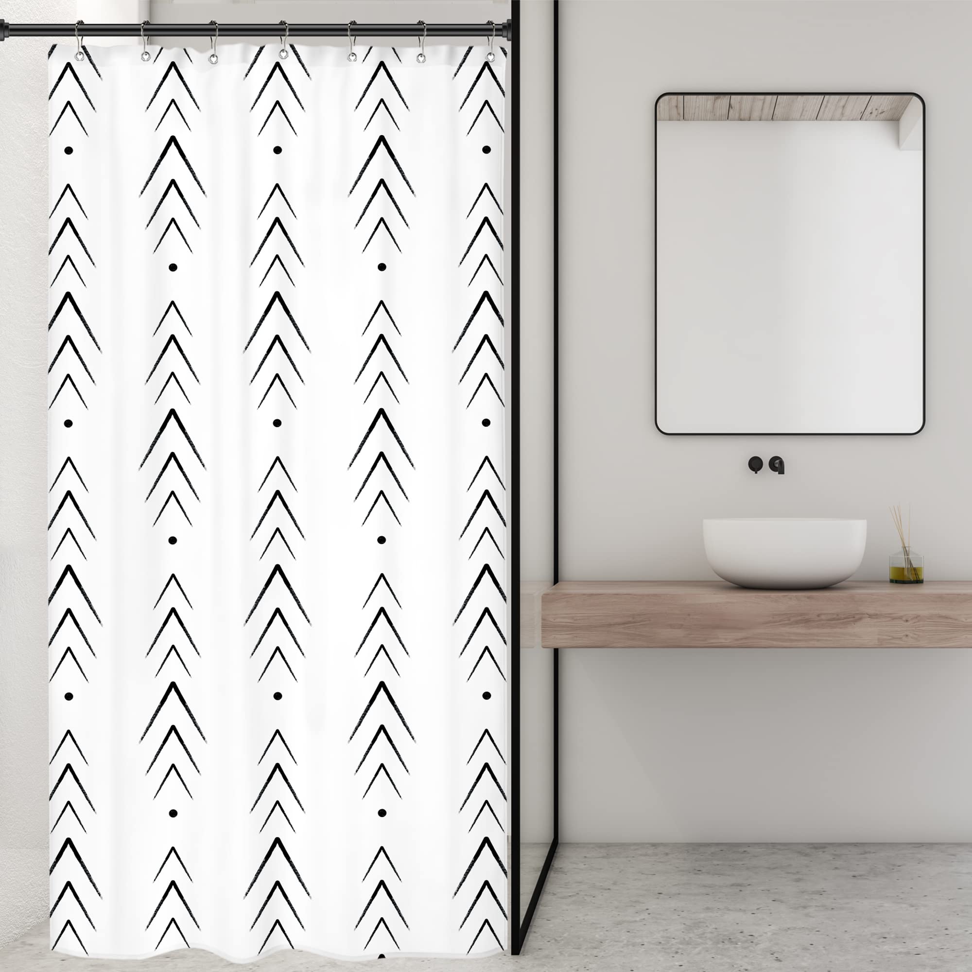 Riyidecor Boho Black White Stall Small Half Size Dorm Shower Curtain 36X72 Inch Single Narrow Herringbone Zig Zag Chevron Modern