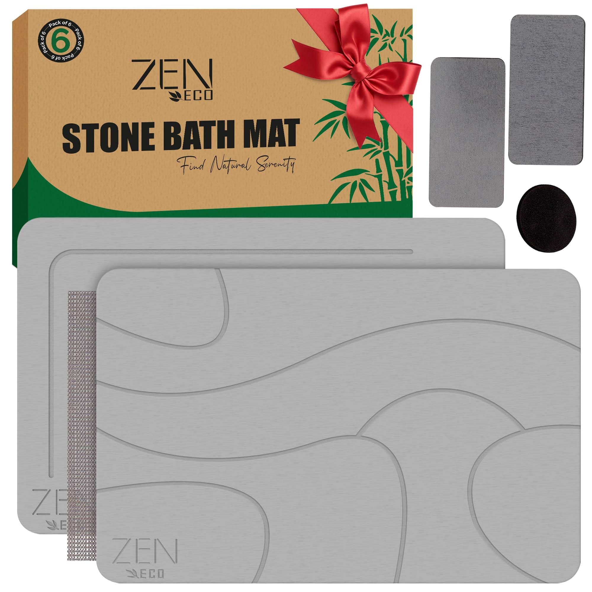 Zen-Eco Quick Dry Stone Bath Mat (6-Piece) - Bathroom Stone Mat Quick Dry With 1X Foldable Mat & 2X Stone Dish - Stone Shower Ma