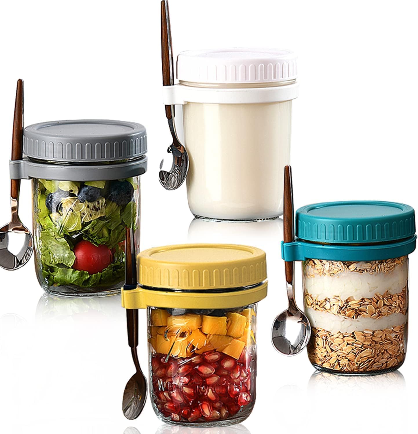 Le Chiic 350 Ml Oats Container With Lids And Spoon Set Of 4 Pc Glass Mason Jars For Overnight Oats Leak Proof Container With Mea