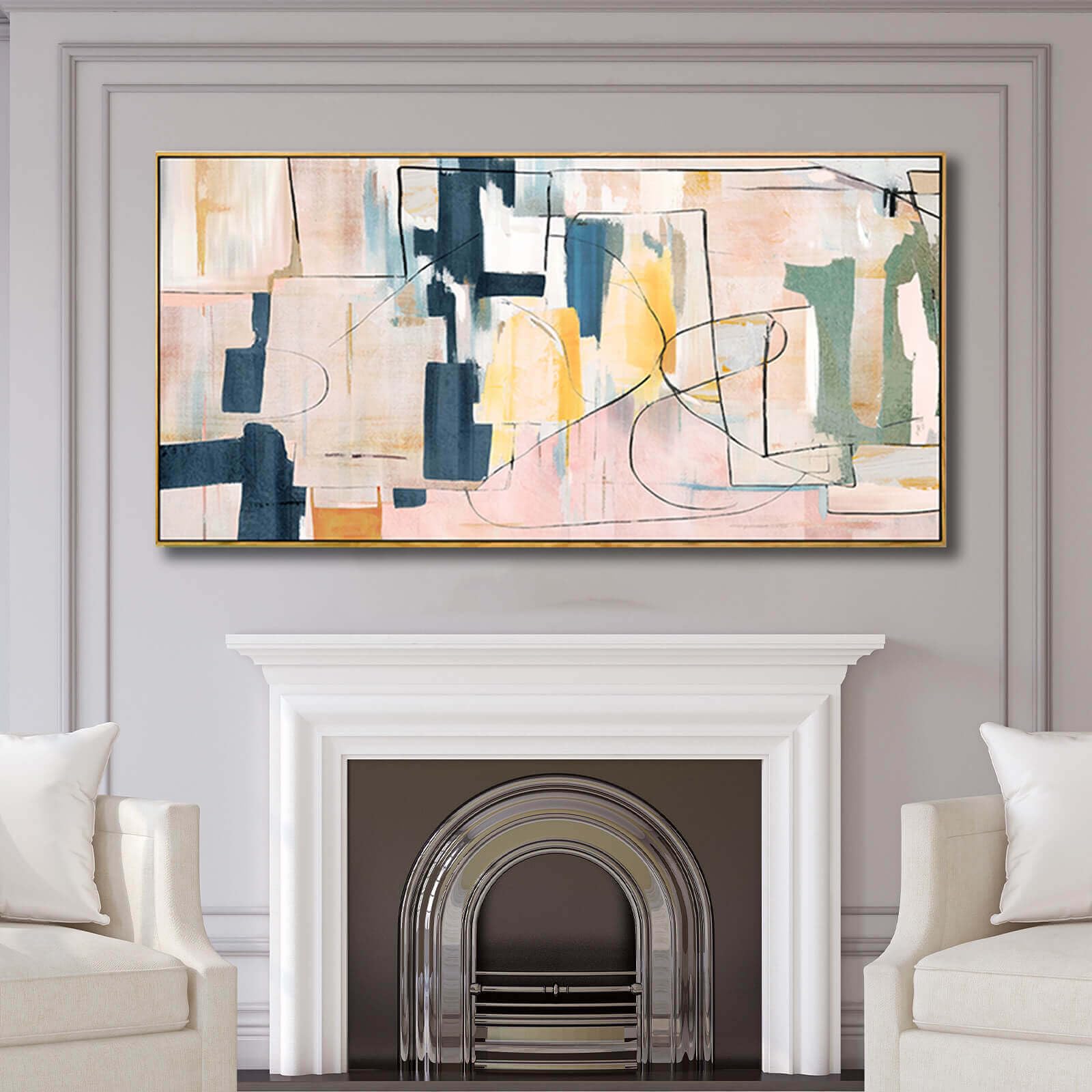 Pink Abstract Painting Large Wall Art Living Room Decor Blue Canvas Print Line Artwork Home Office Decoration 30X60 Inch