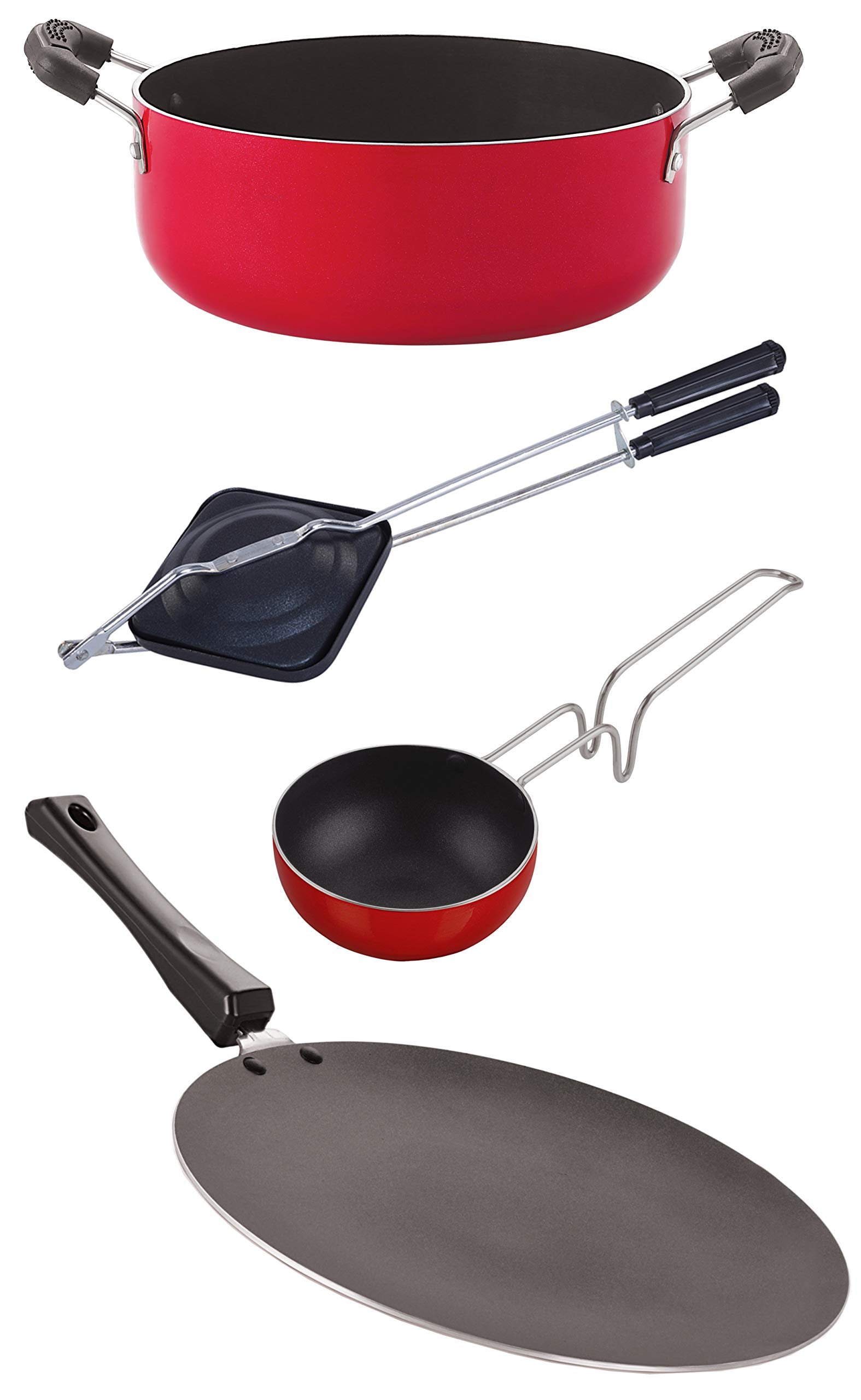 Nirlon NonToxic Oil Free Nonstick Cookware Essential Gift 4 Pieces Set With Bakelite Handle (Concave Tawa 27.5Cm + Vagariya 300