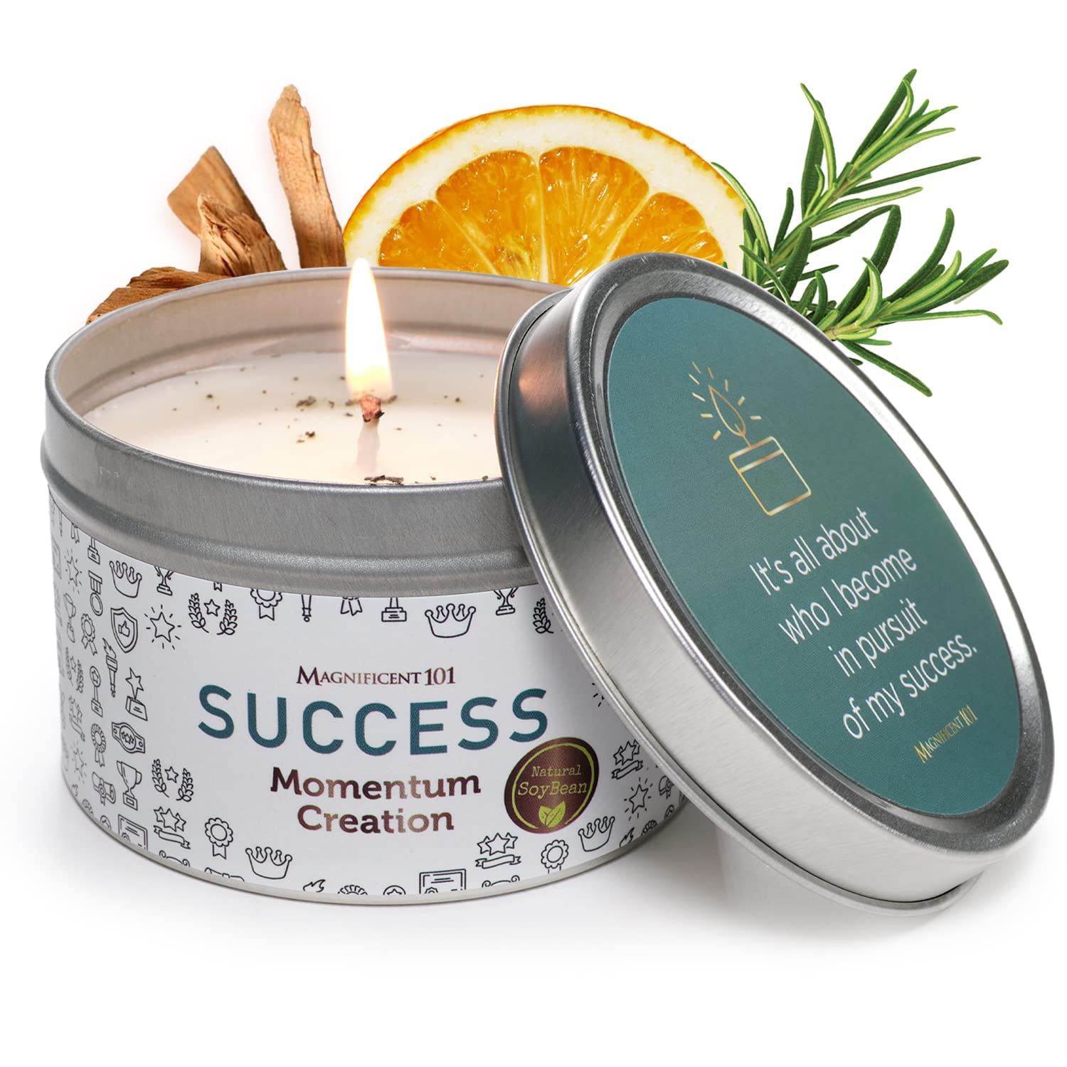 MAGNIFICENT 101 Success Aromatherapy Candle for Momentum Creation - Sage, Bergamot, Sandalwood Scented Natural Soybean Wax Tin C