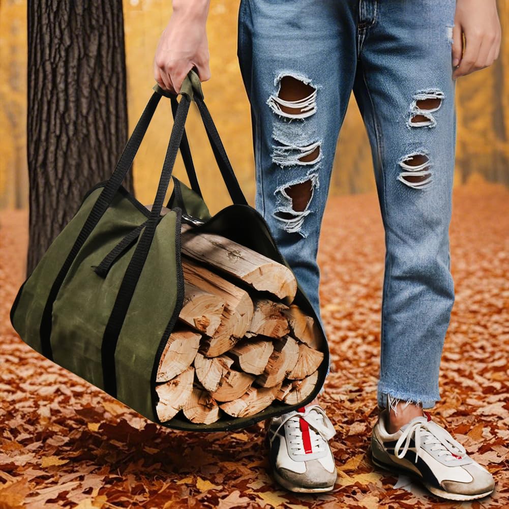 HRX Package Waxed Canvas Firewood Bag Carrier  Water Resistant Log Tote Wood Carrying Bag With Handles for Camping Trip Christmas Gift