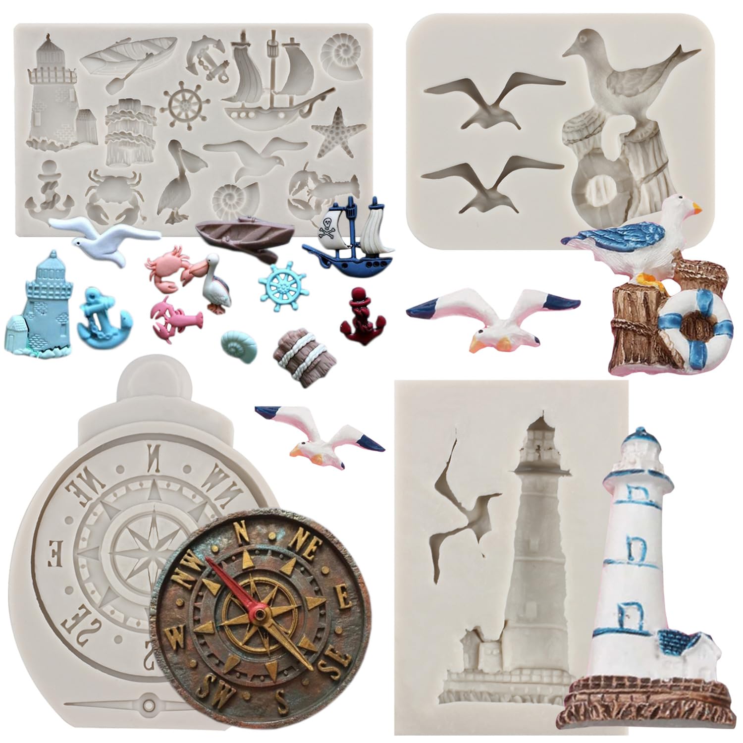 Sijiangmold Sailing Ship Fondant Molds Compass Anchor Rudder Lighthouse Silicone Molds For Cake Decorating Chocolate Candy Cupca