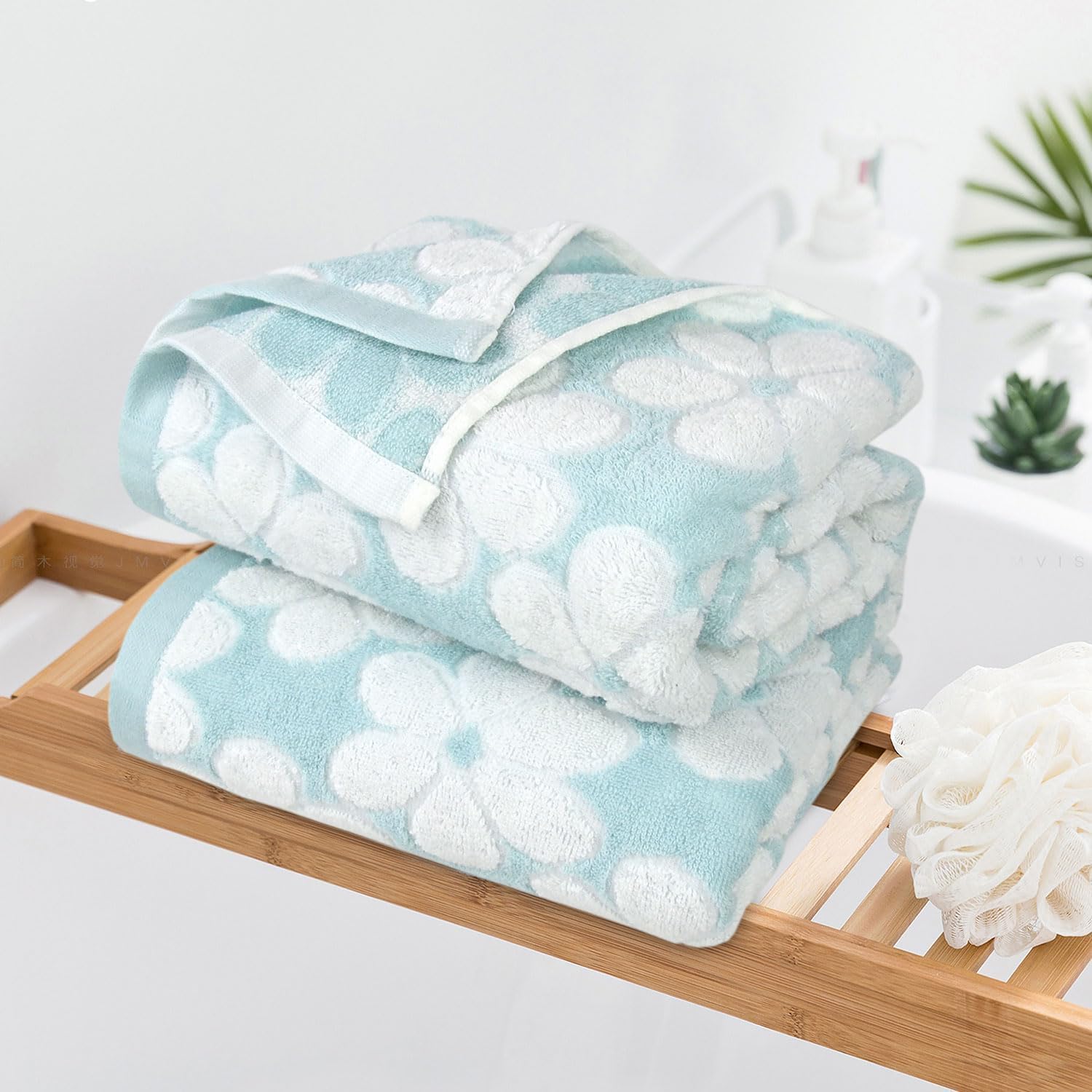 Cotton Towels For Bathroom Decor With Floral Jacquard, Super Soft And Absorbent Bath Towel Set Of 2, Large Size 27.5X55 Inches