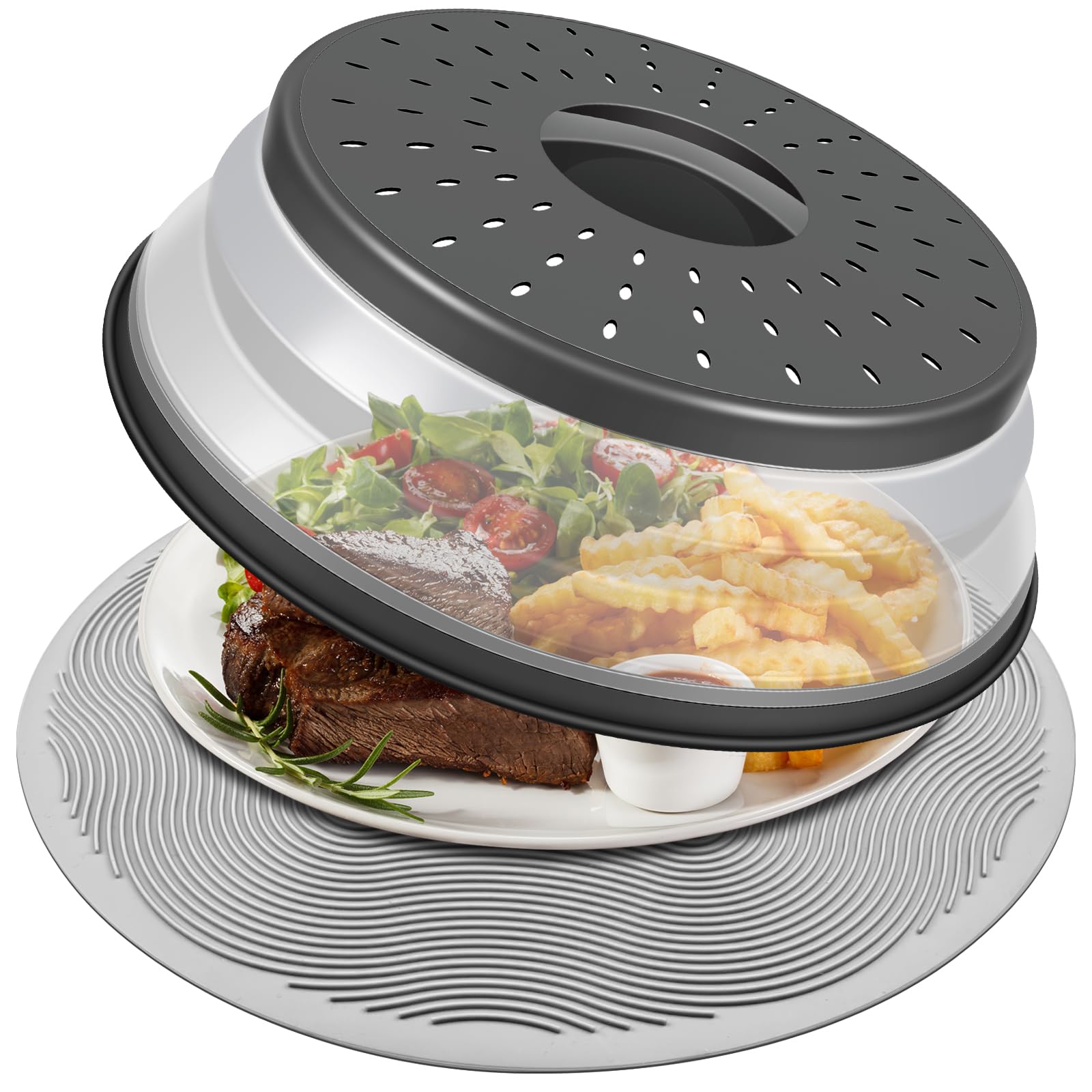 LekDrok Microwave Food Cover with Mat 12 Inch, Mat as Bowl Holder, Cover for Splatter Guard, Collapsible Lid for Plate Dish, Mul