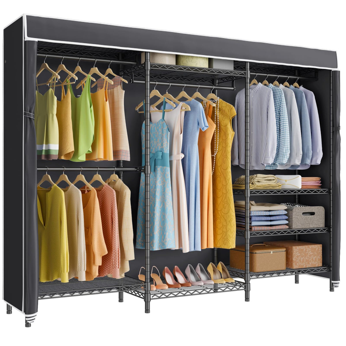 Vipek V5C Plus Portable Wardrobe Closet, Heavy Duty Clothes Rack With Adjustable Shelves, Black Metal, Max Load 1040Lbs, Zippere