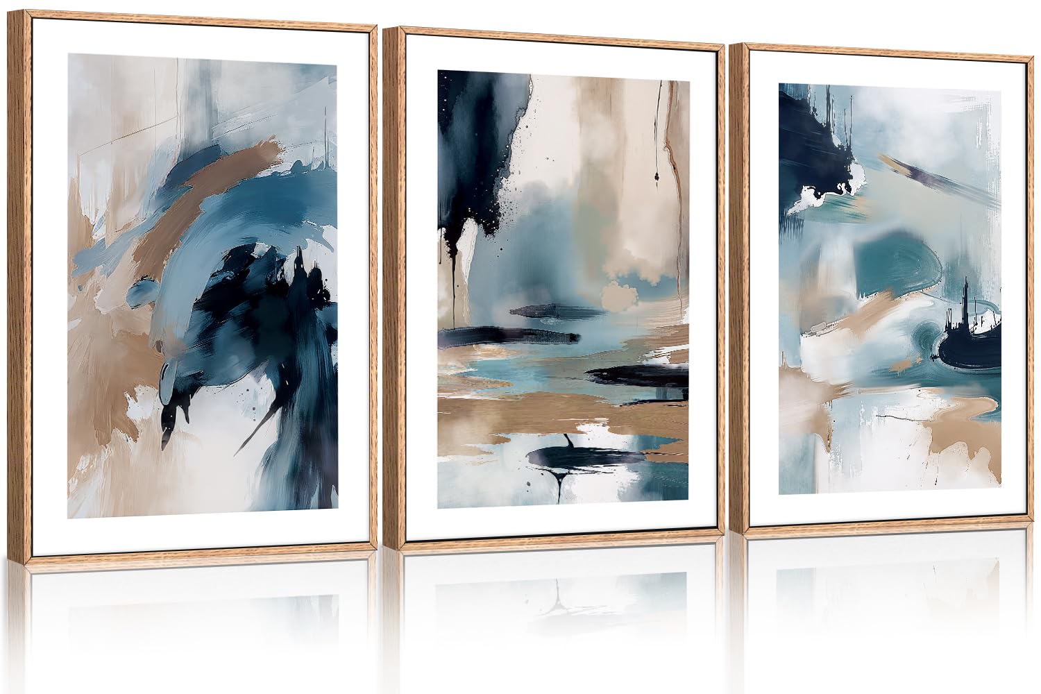 Kairne Blue Brush Stroke Framed Canvas Wall Art Set, Minimalist Navy Shape Wall Decor, Large Abstract Block Wall Painting, Moder