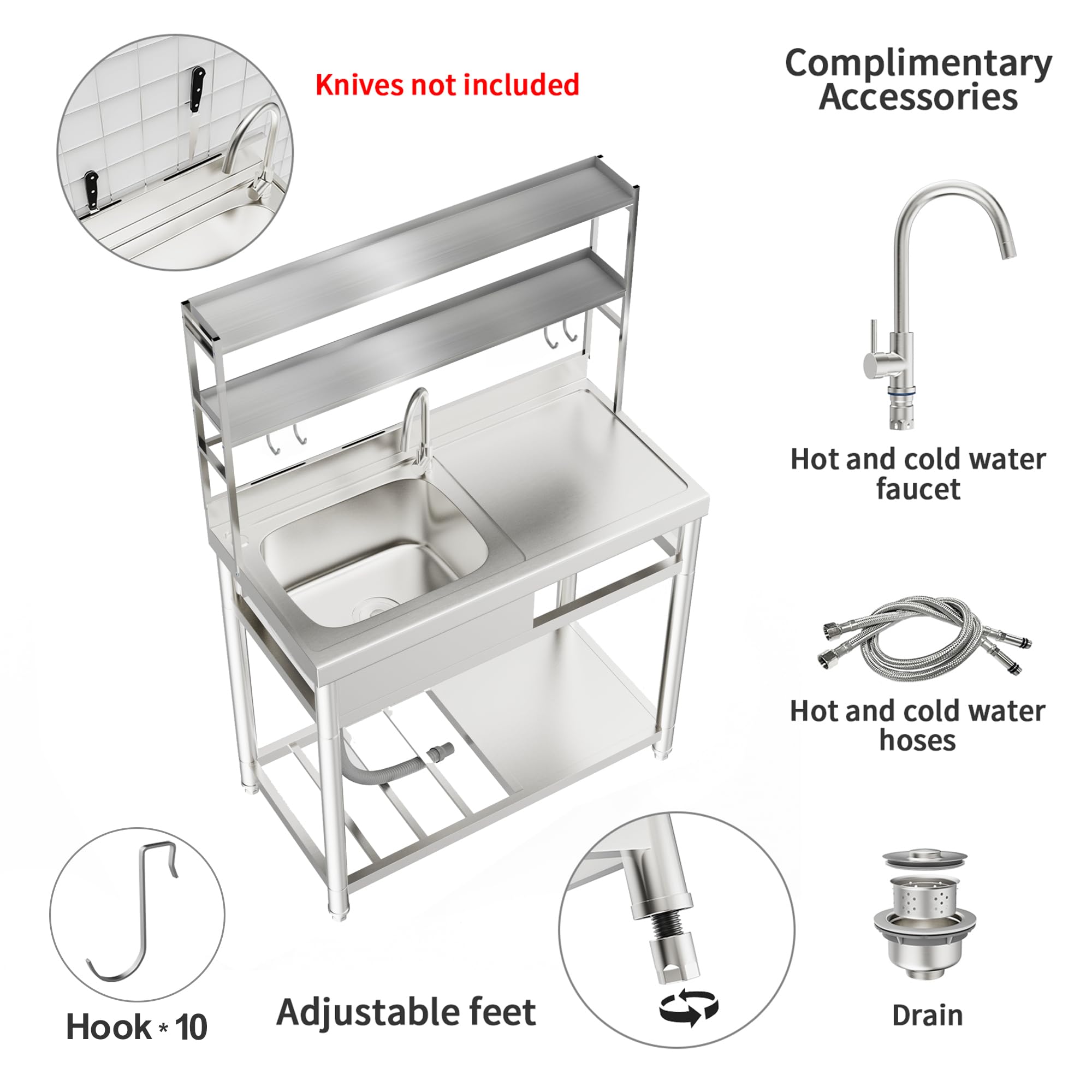 Roomtec 304 Stainless Steel Utility Sink Set, Single Bowl Commercial Sink With Drainboard And Hanging Tools For Kitchen, Garage,