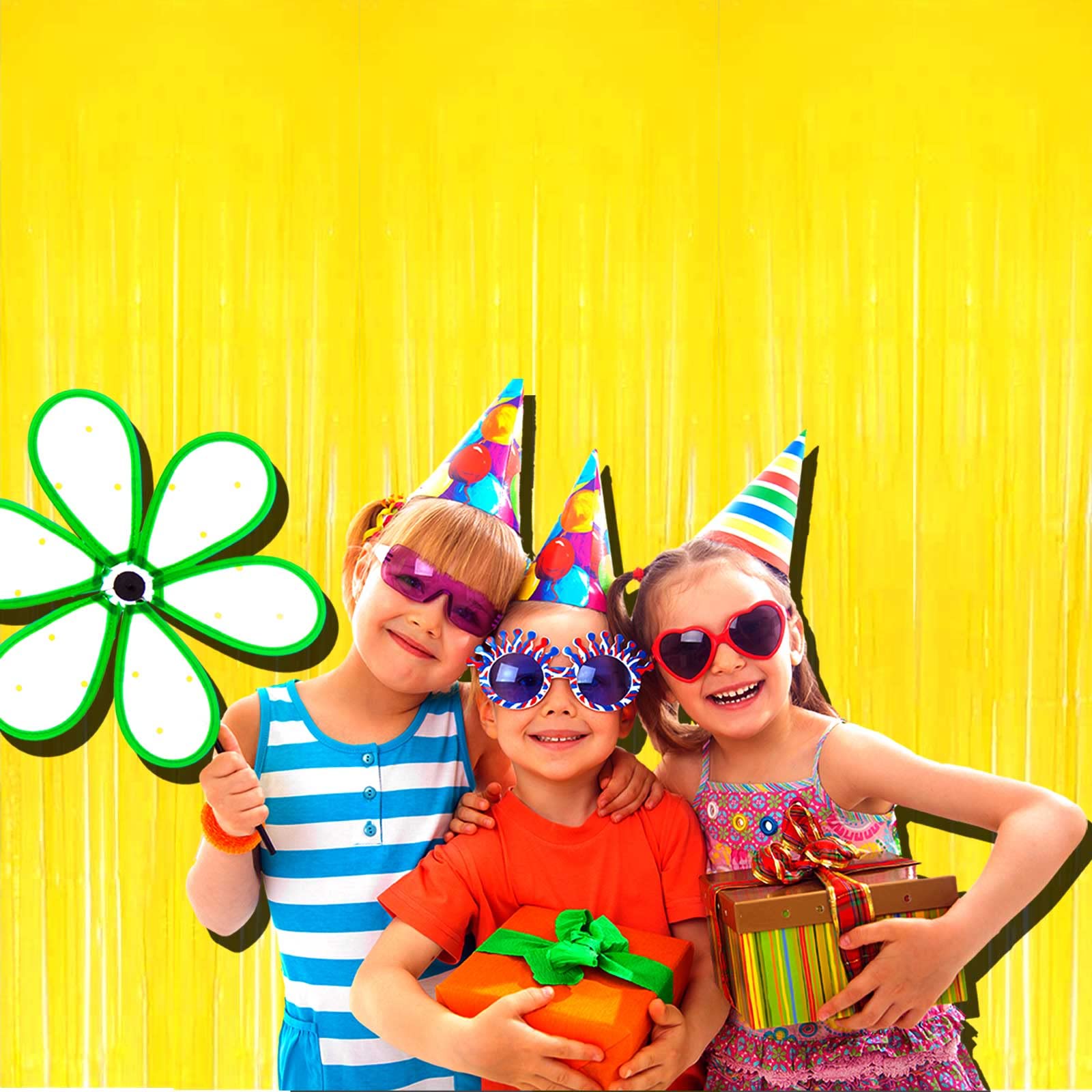 Halloweendecorate 4 Pack Macaron Yellow Foil Fringe Curtain Backdrop, 3.28Ft X 6.56Ft Foil Fringe Streamers Curtains For Party,