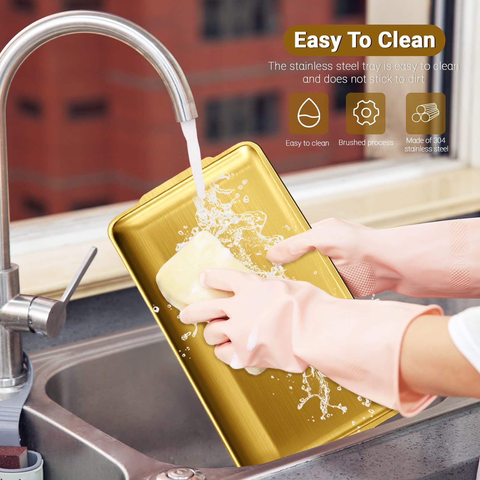 Stainless Steel Serving Tray, 15.7 X 9.4In Rectangle Gold Serving Platter With Handle, Decorative Coffee Table Plate, Ottoman Di