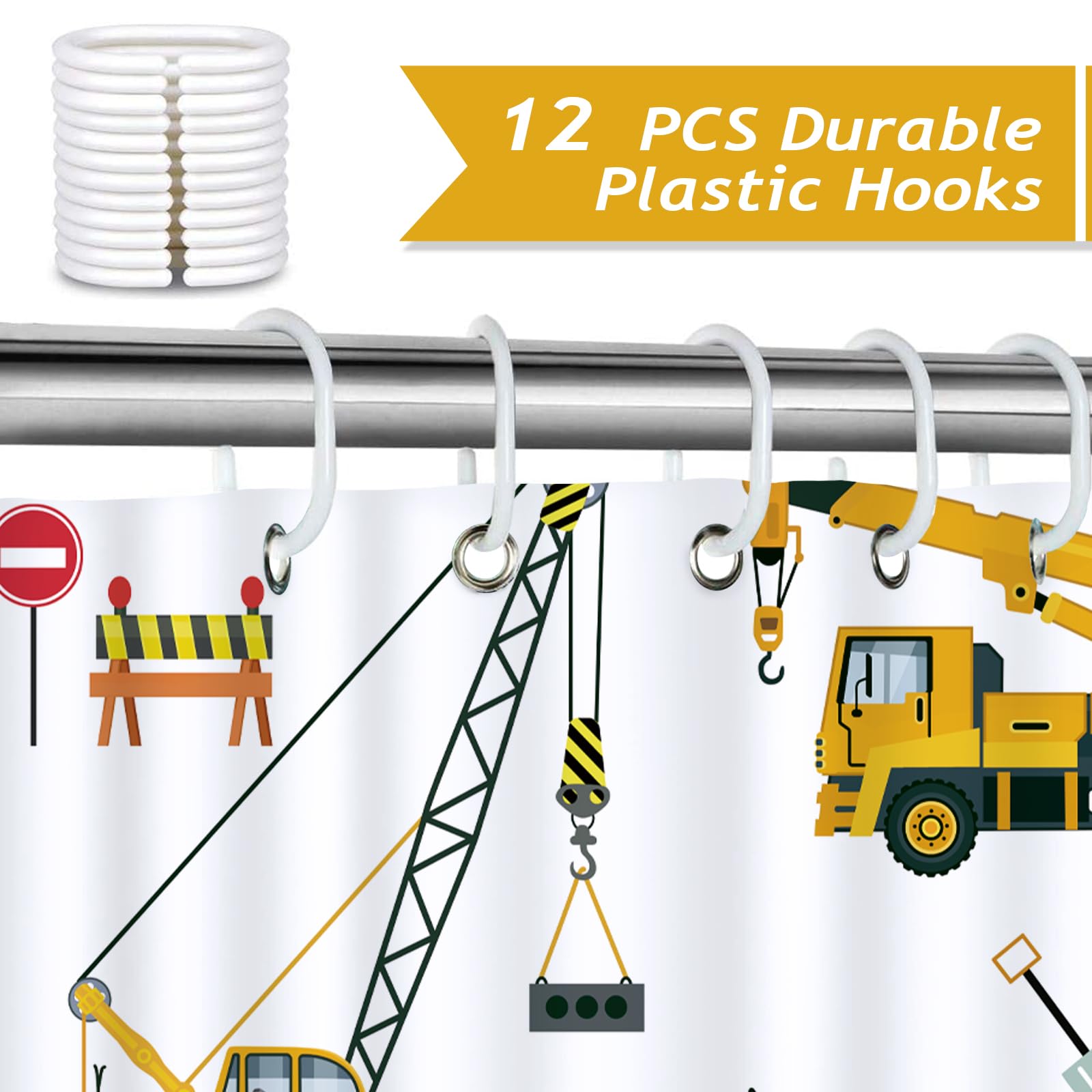 Bonhause Kids Construction Shower Curtain, Cartoon Machinery Vehicle Excavator Tractor Truck Car Shower Curtain For Boy 72X72 In