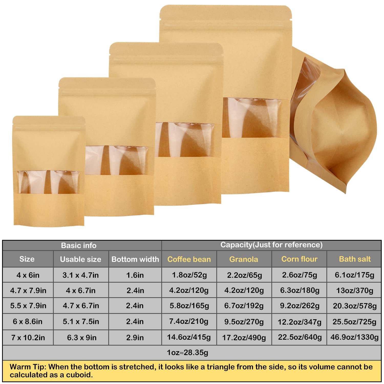 Blisstime 50 Pack Kraft Stand Up Zip Lock Pouch Bags, Resealable Bag With Transparent Window And Tear Notch For Multipurpose Sto