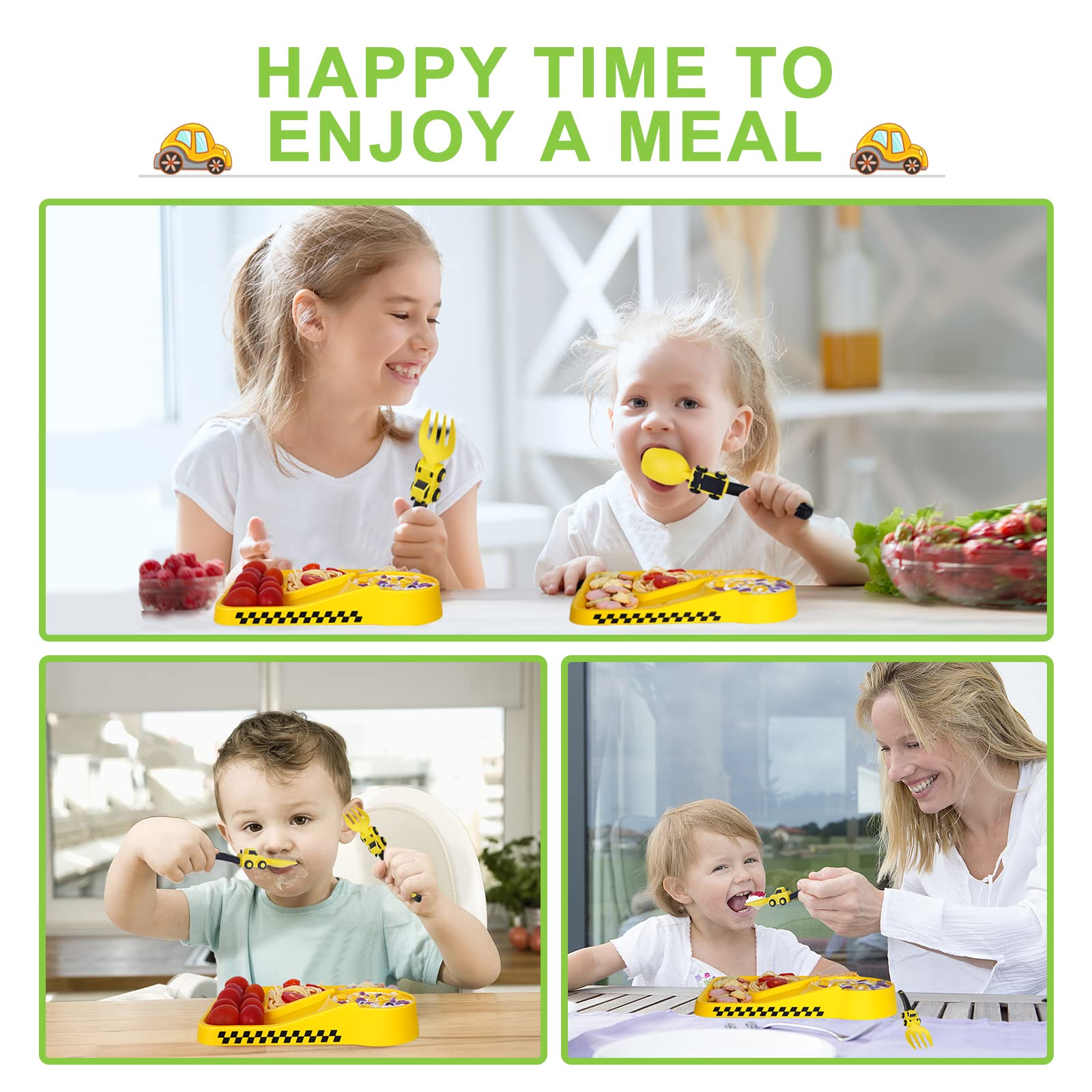 Toddler Plates - Toddler eating Utensil set with Spoon Fork and Removable Straw - construction theme Toddler Utensils - Baby Pla