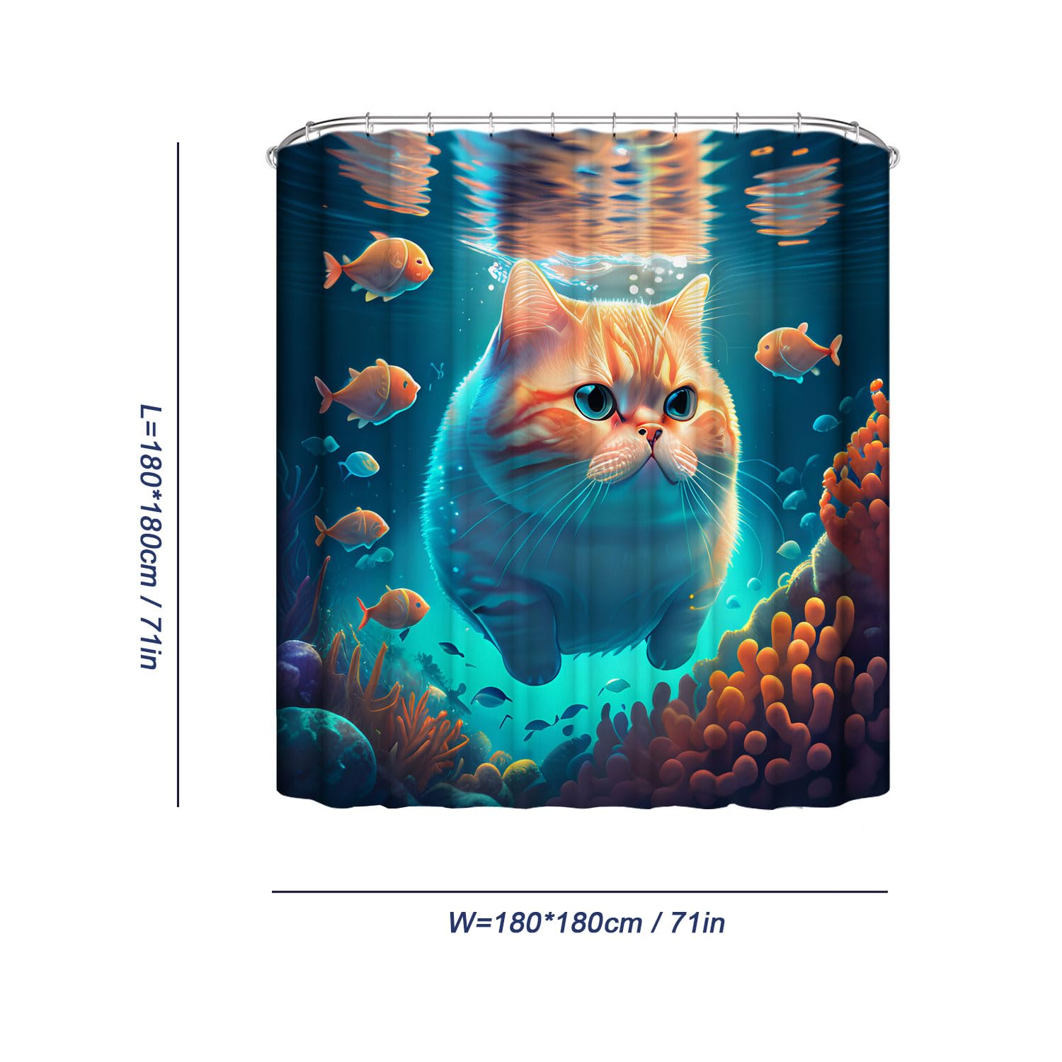 Dds-Dudes Cute Cat Shower Curtain Set For Kids Bathroom, Funny Orange Garfield Swimming And Fish In Sea Fabric Decor Waterproof