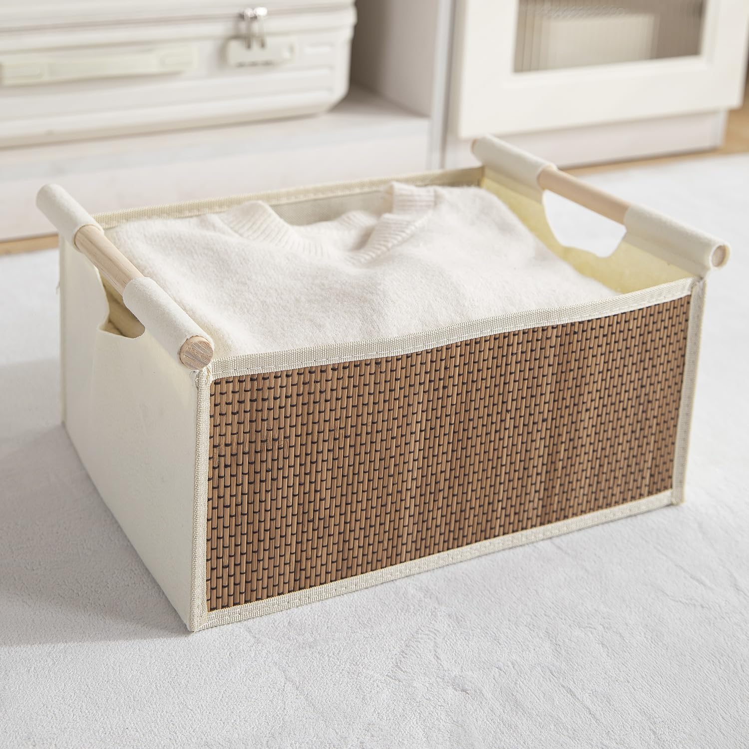Hokipo Pack Of 1 Bamboo Storage Basket With Wooden Handles  Foldable Fabric Organizer Bin, Large 38X29X17 Cm Storage For Clothe