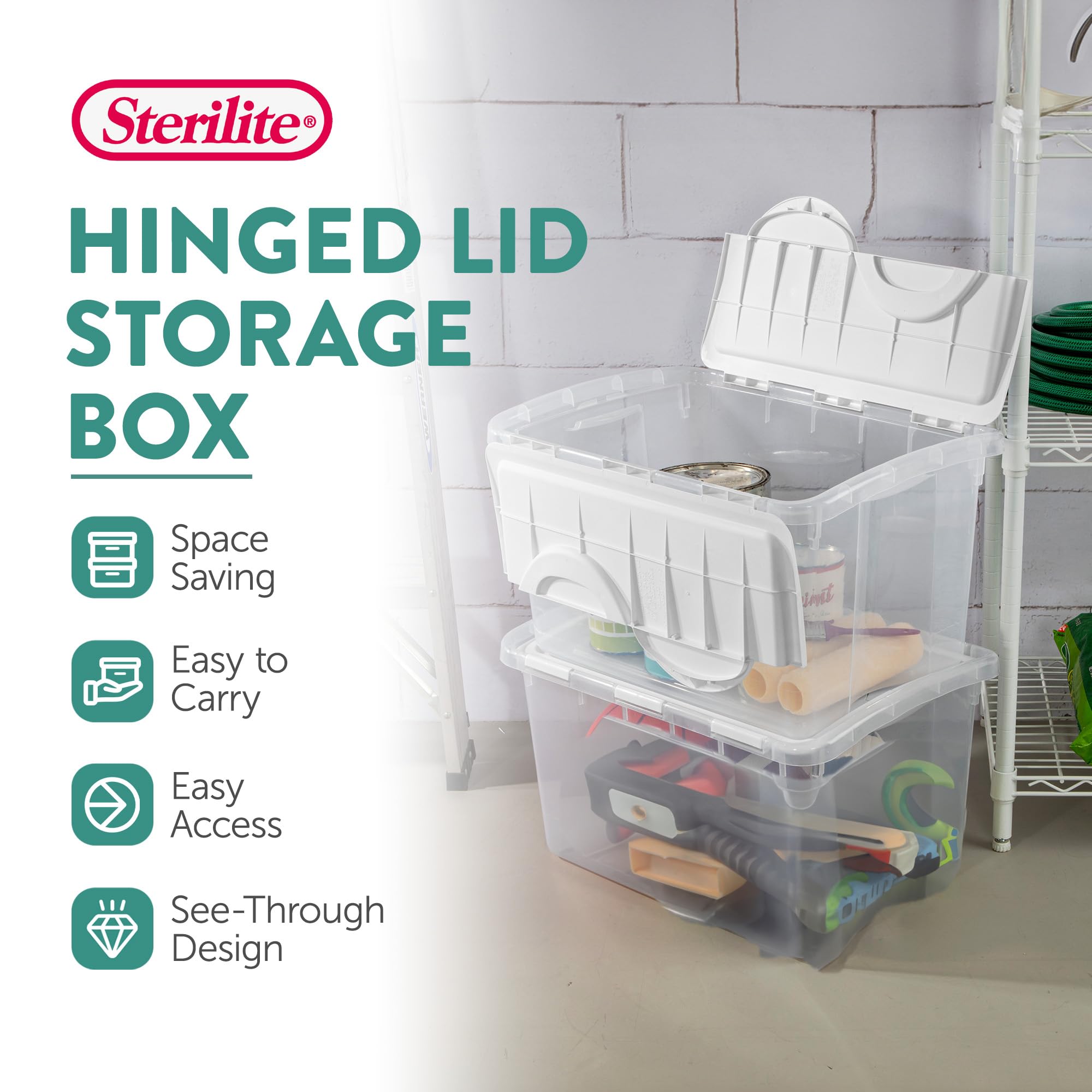 Sterilite 48 Qt Hinged Lid Storage Box, Stackable Bin With Lid, Plastic Container To Organize Home, Office, Basement, Clear With