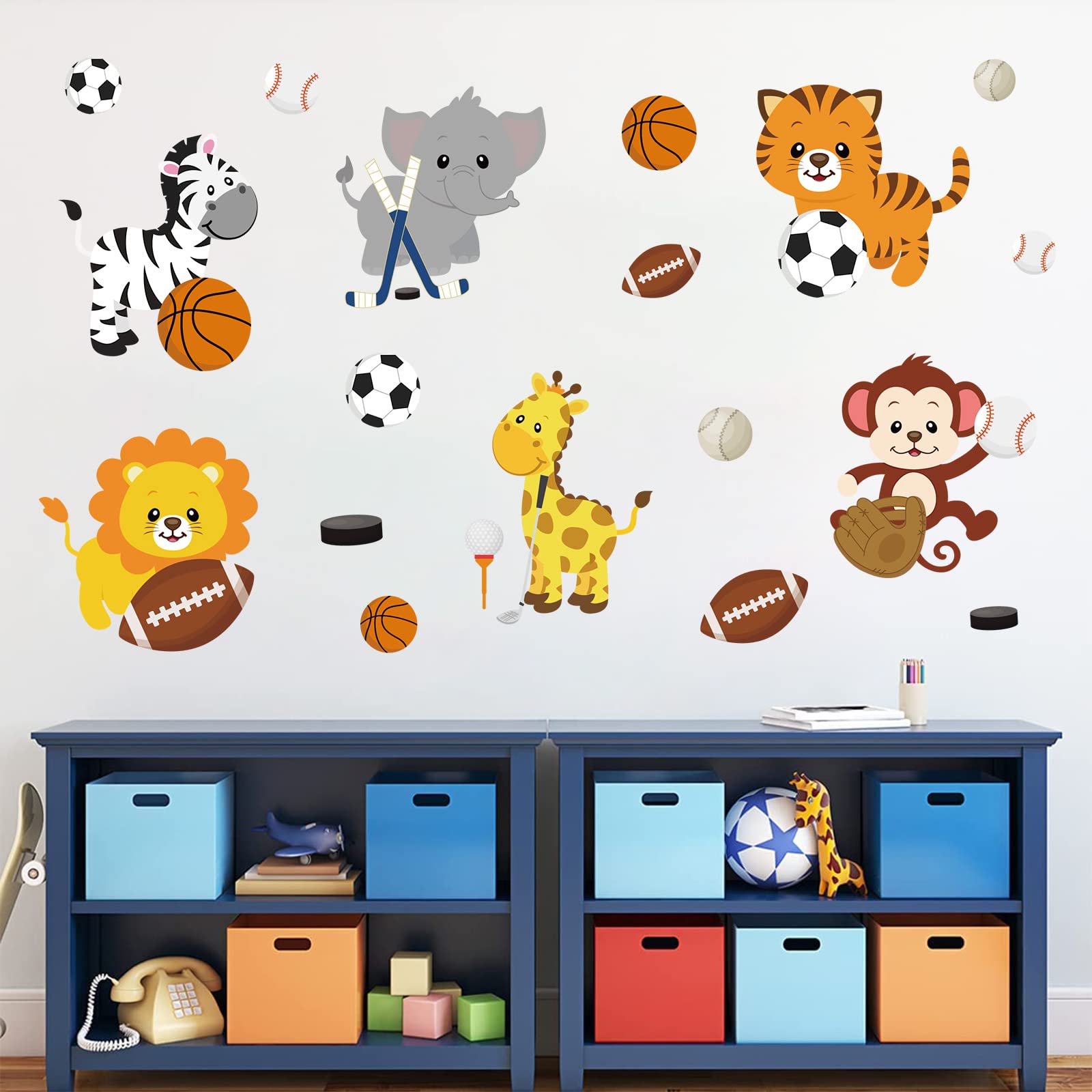 Supzone Cartoon Animal Sport Wall Decals - Sports Balls, Jungle Monkey Lion Giraffe DIY Vinyl Wall Art Stickers for Kids Baby Nu