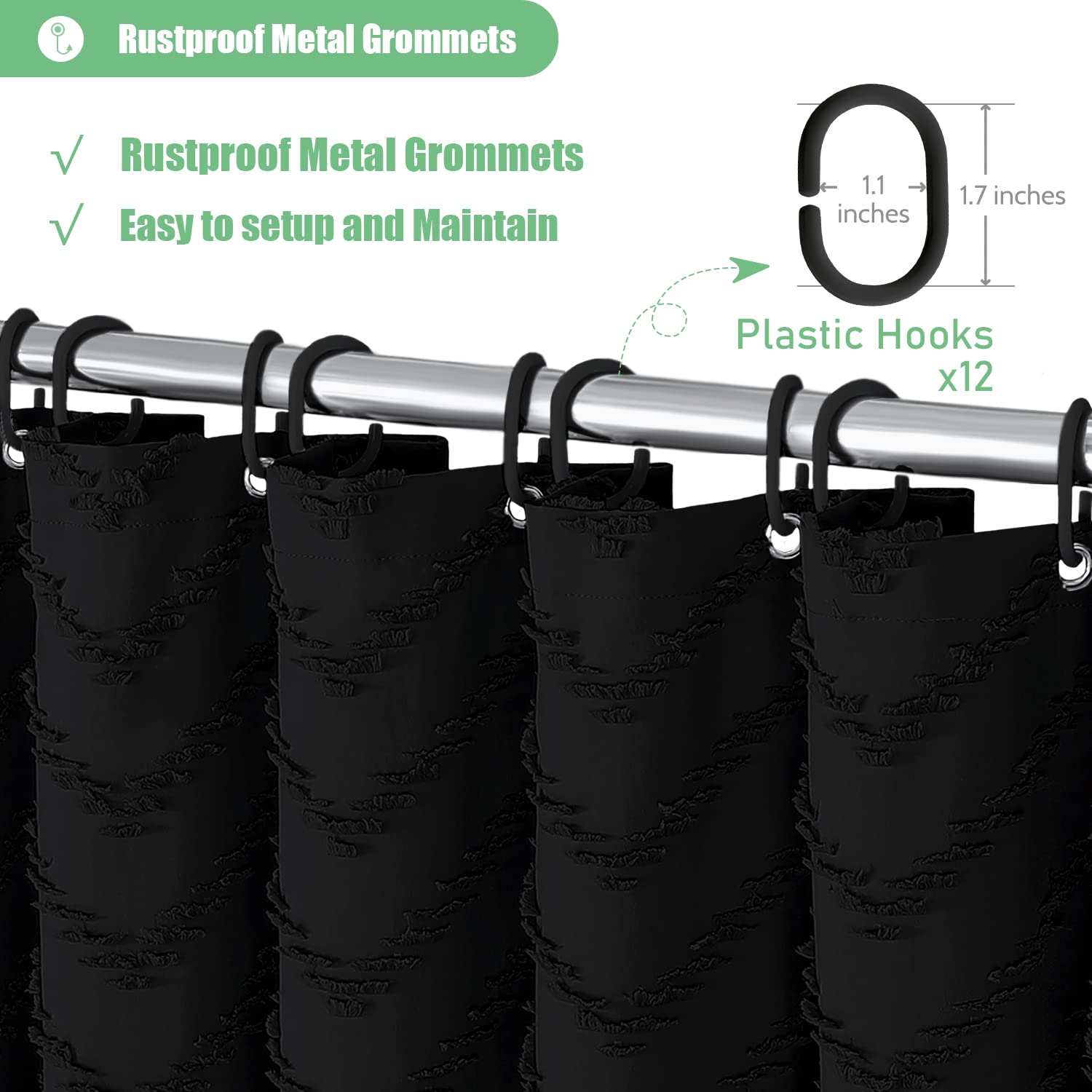 Dynamene Boho Farmhouse Shower Curtain, Black Fabric Tufted Chevron Striped Textured Tassel Shower Curtains For Bathroom, Water