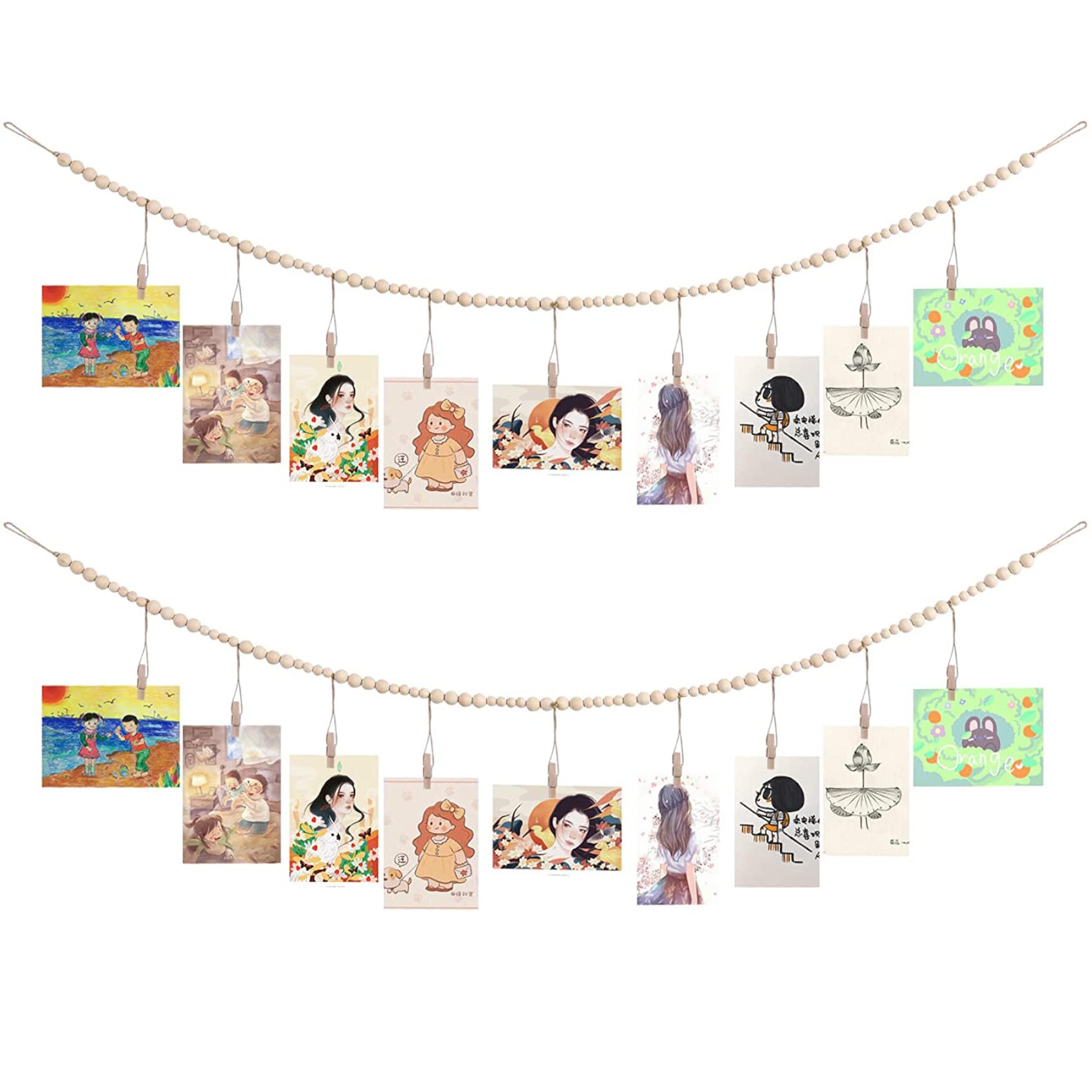 2PCS Wall Hanging Photo Display with Wooden Beads Garland, Collage Picture Frame for Boho Wall Decoration, Photo Holders with 9 