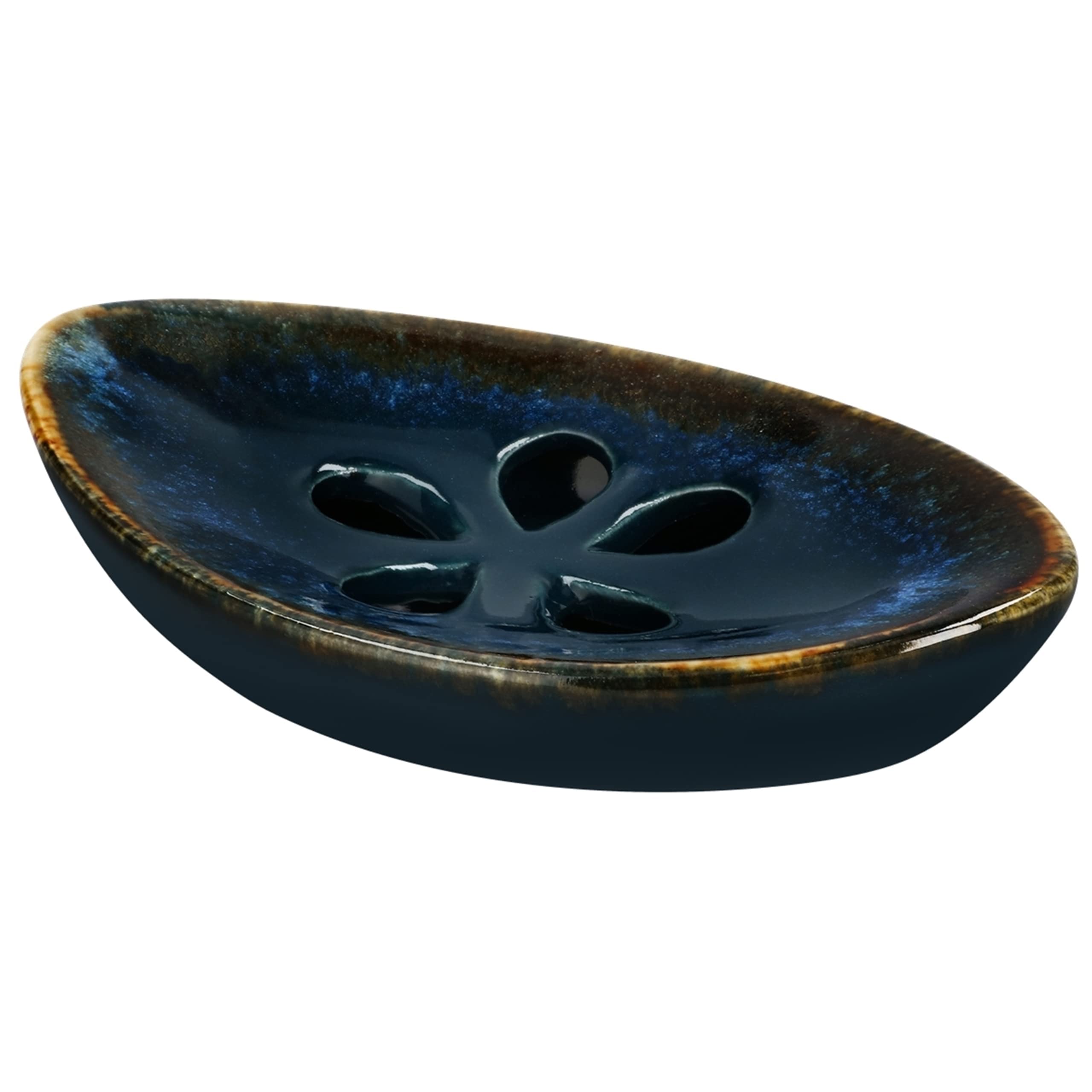 Lungmongkol Shop Ceramic Soap Dish With Self Draining Tray For Bar Soap, Bathroom, Kitchen (Green No.5)