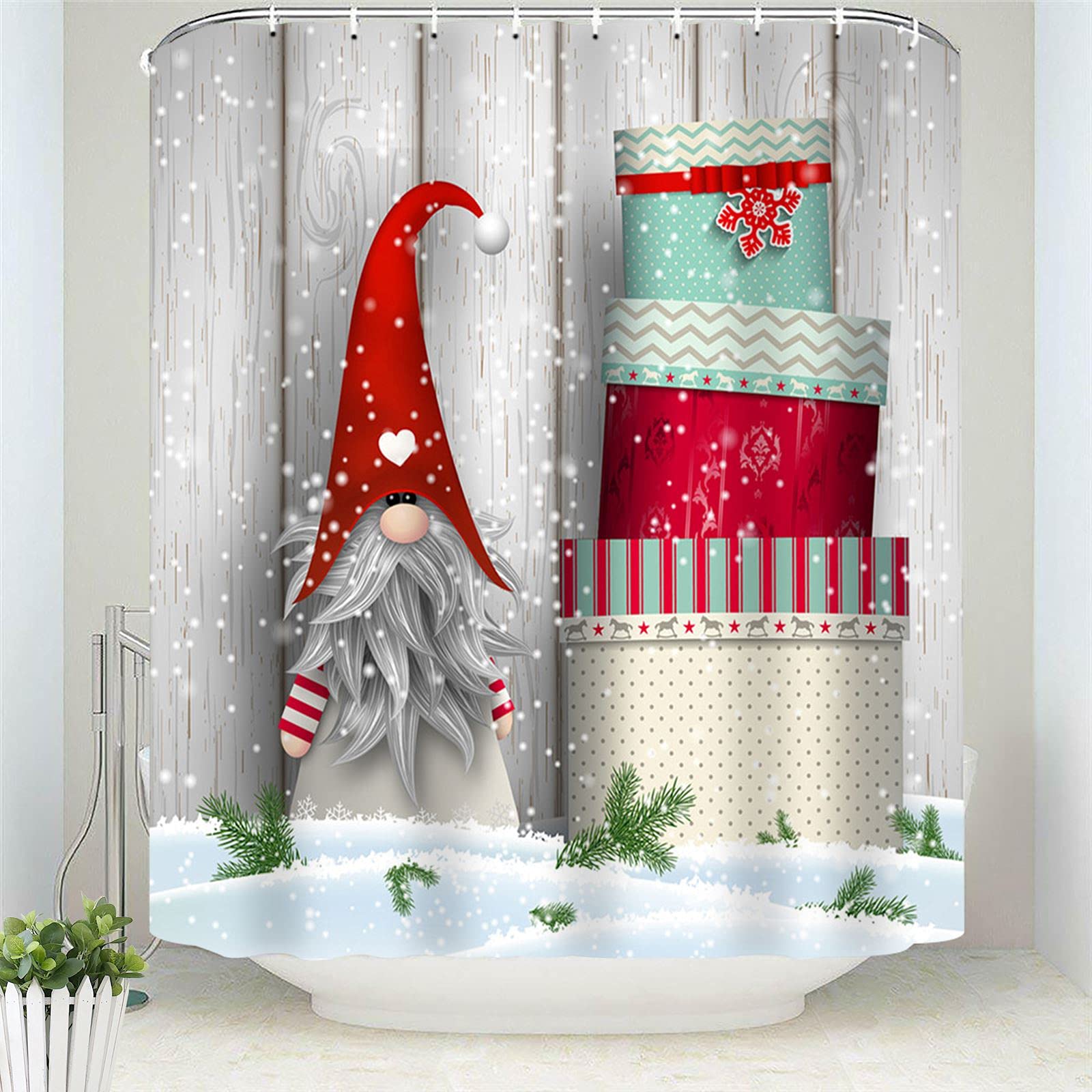 Gnome Shower Curtains For Bathroom, Cute Christmas Gnome Let It Snow Fabric Shower Curtain, Winter Xmas Holiday Bathroom Curtain
