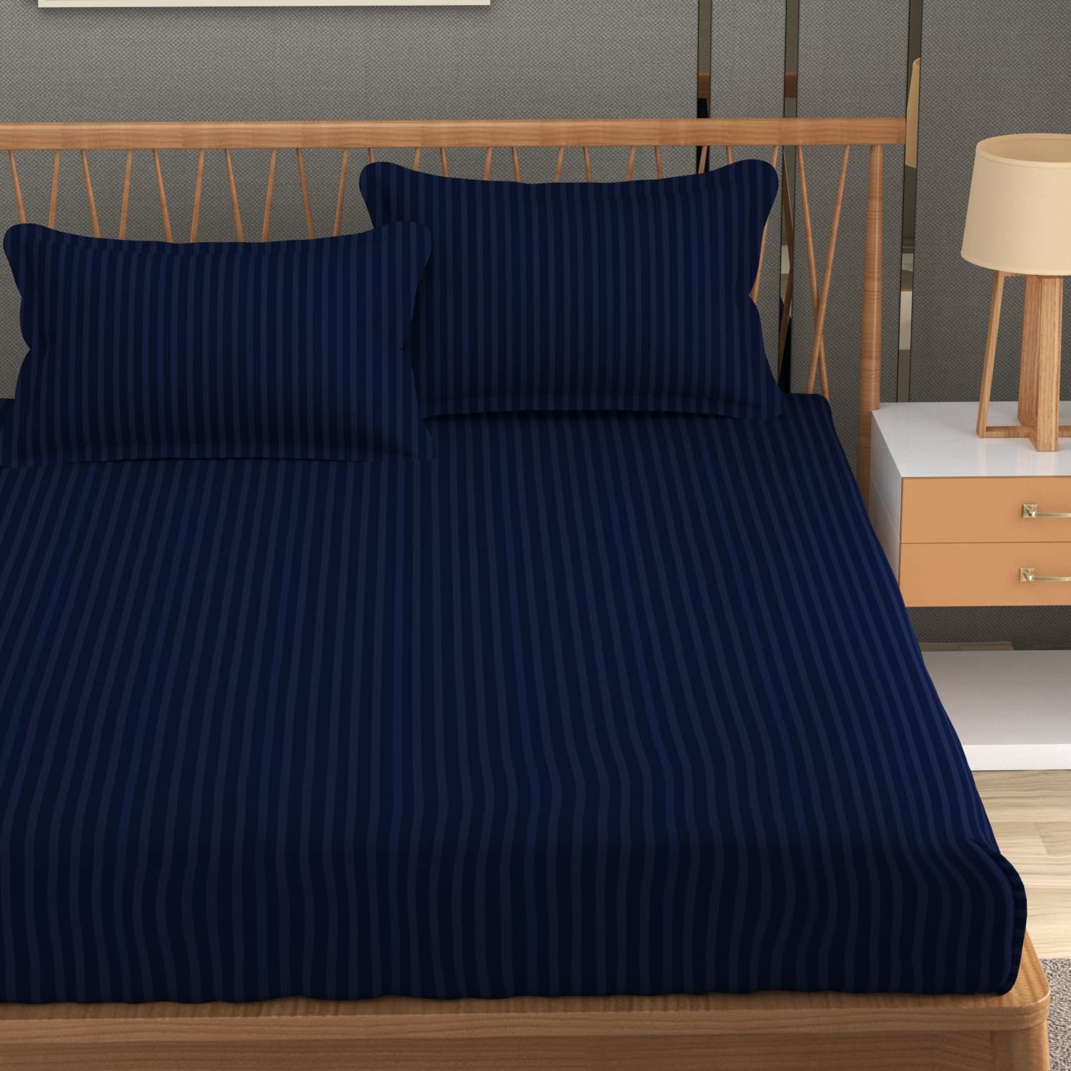 Homefab India 160 Tc Stripe Glace Cotton Double Bedsheet With 2 Pillow Covers - (90X90 Inches) - Navy Blue