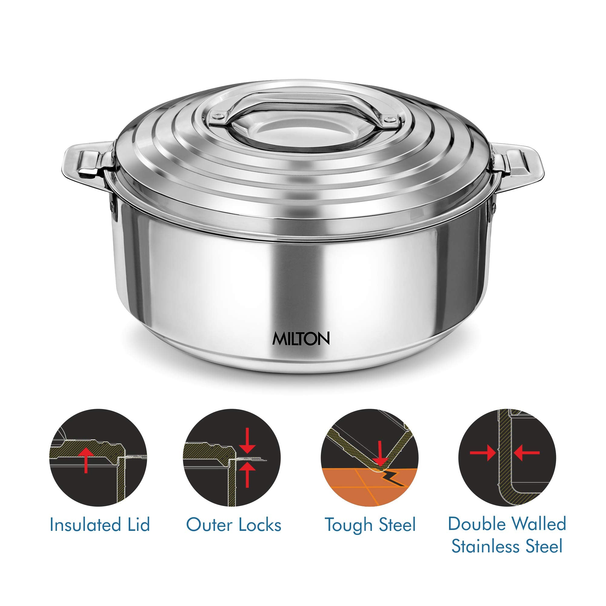 Milton Galaxia 1500 Casserole For Hot Food, Insulated Stainless Steel Hot Pot With Lid, 50 Oz (2090 Ml) 1.58 Qt, Serving Box (Bo