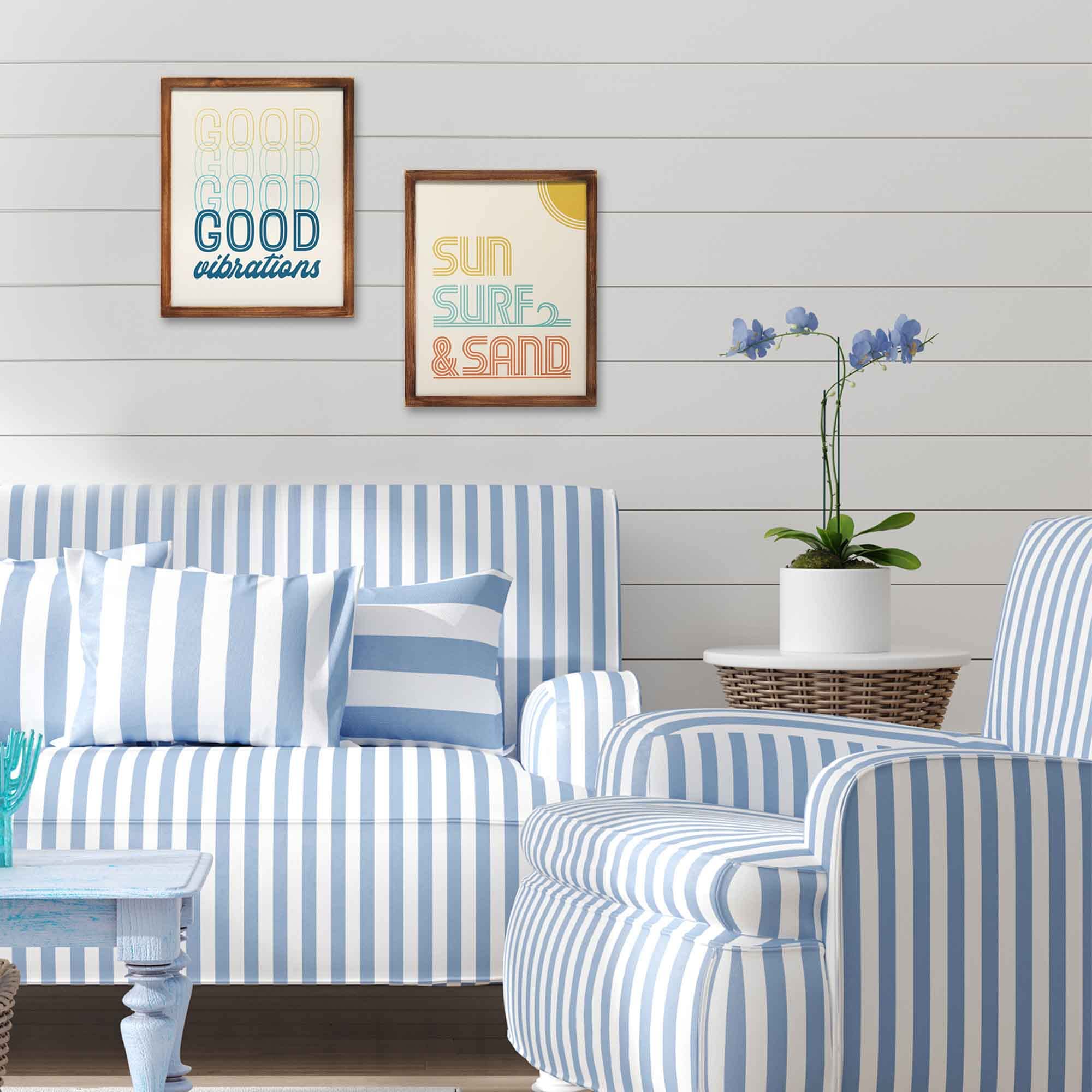 Good Vibrations Framed Wood Wall Decor - Retro Vibe Wall Art For Bedroom, Living Room Or Beach House