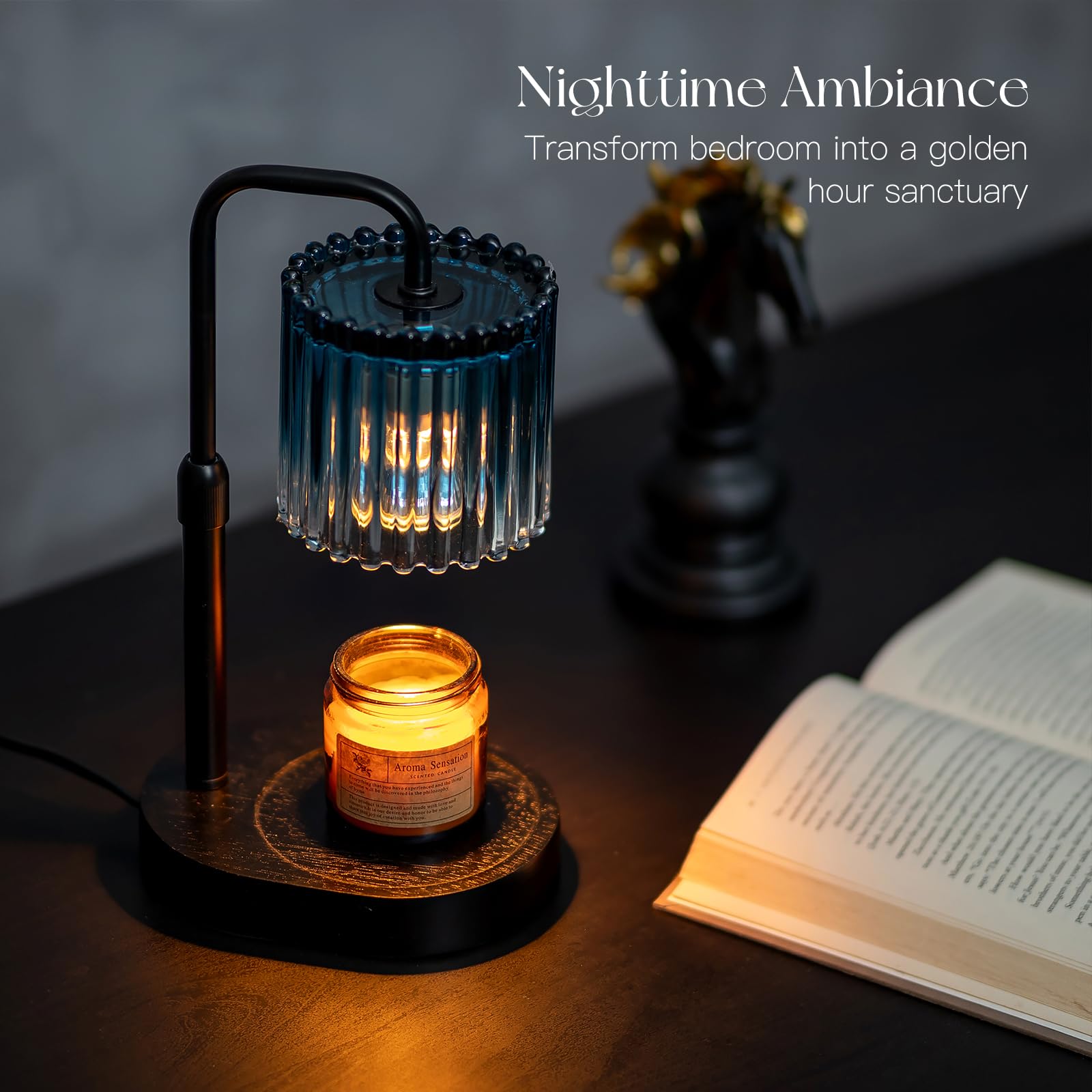 Candeldo Candle Warmer Lamp with Timer: Navy Blue Candle Warming Lamp with 2 Bulbs Height Adjustable Wax Melt Dimmable Bedroom D