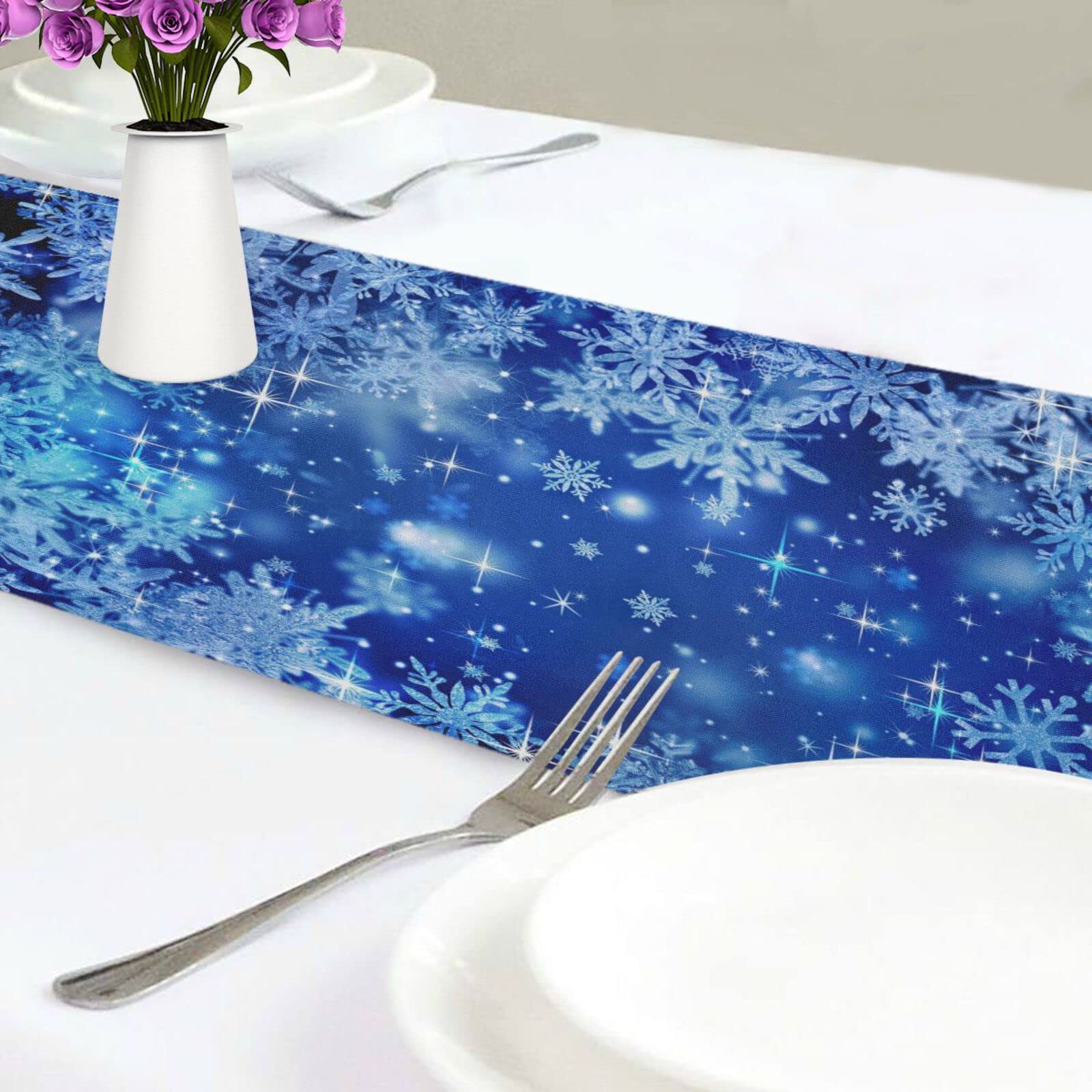 Alaza Blue Winter Christmas Glitter Snowflakes Table Runner For Kitchen Dining 13 X 70 Inches Long Table Runners Cloth Placemat