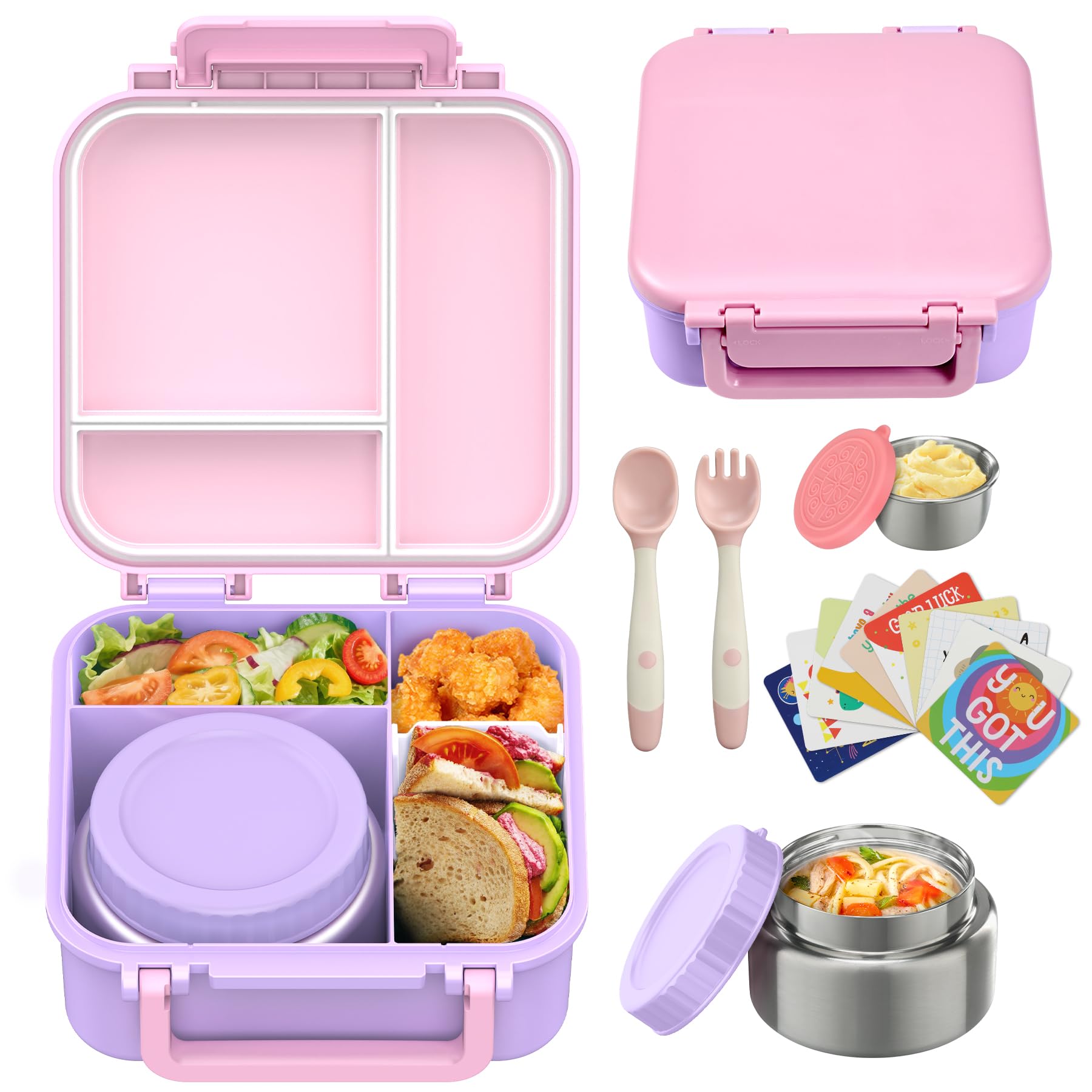 Kids Bento Lunch Box with 9oz Soup Thermo Leakproof Lunch Food Containers 4 Compartment with Insulated Hot Food Jar for Kid Todd